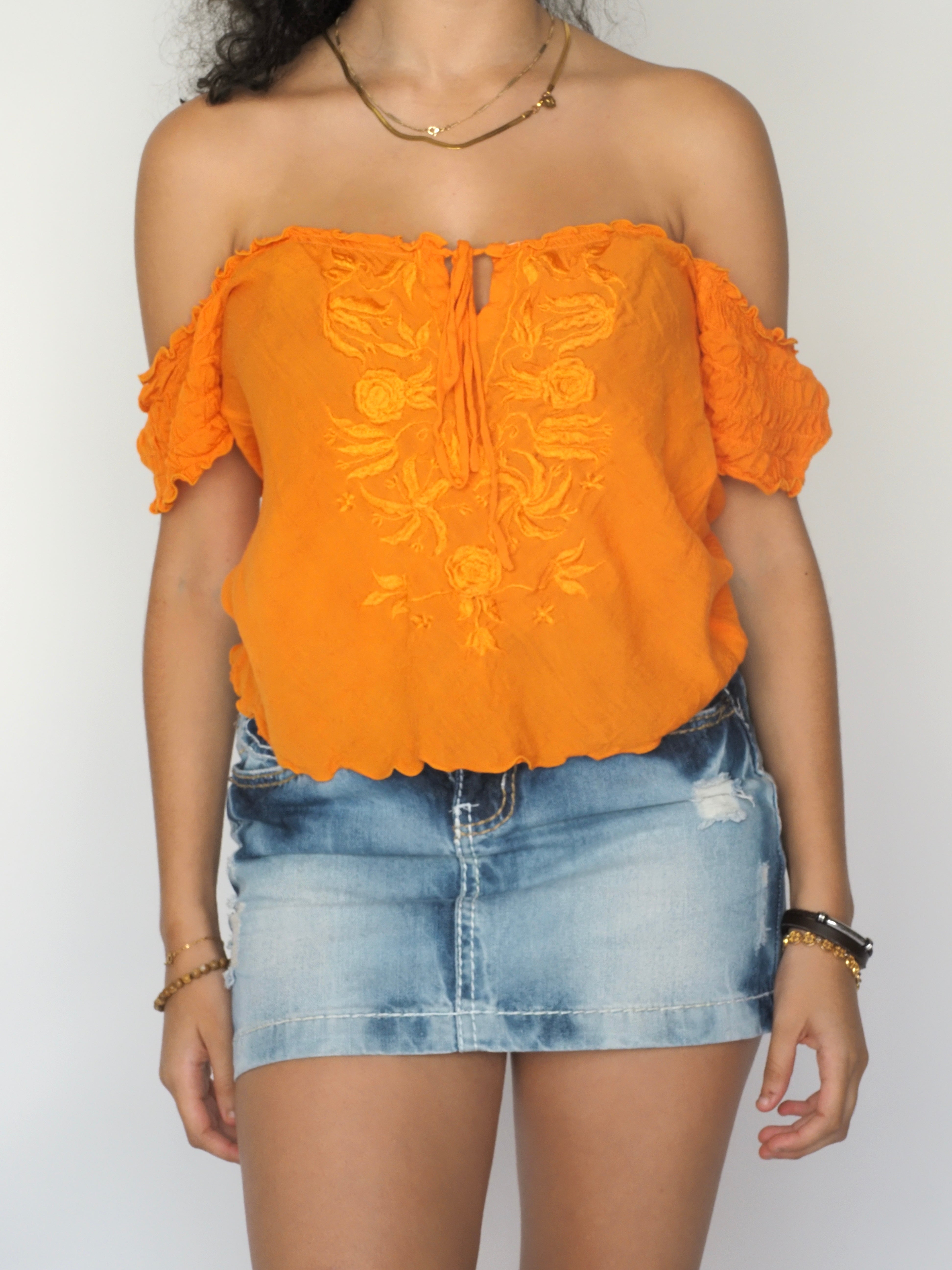Bright Orange Off-Shoulder Embroidered Top – Trolorrente