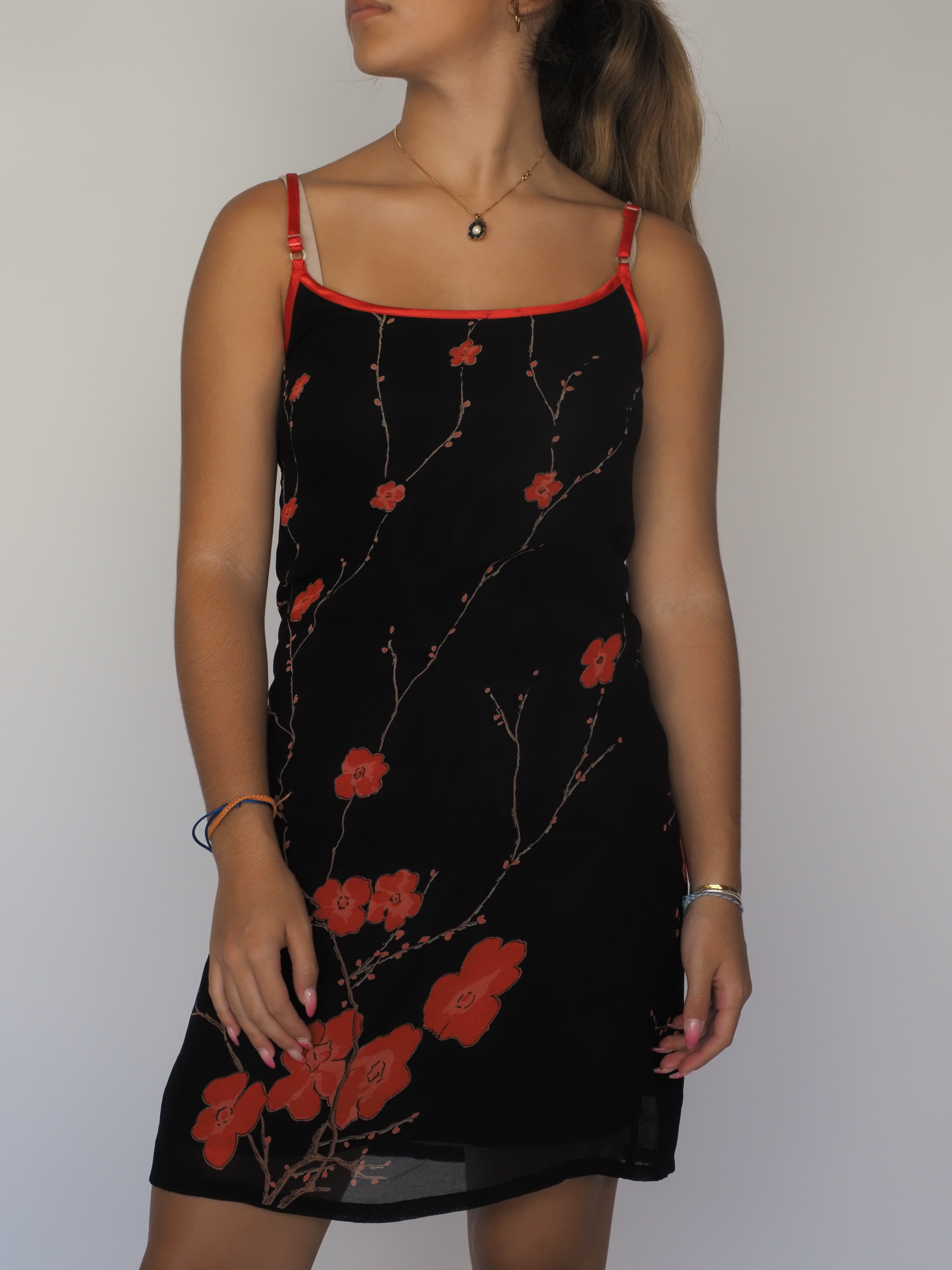 Vintage Magnolia Blossom Black Slip Dress – Red Floral Print