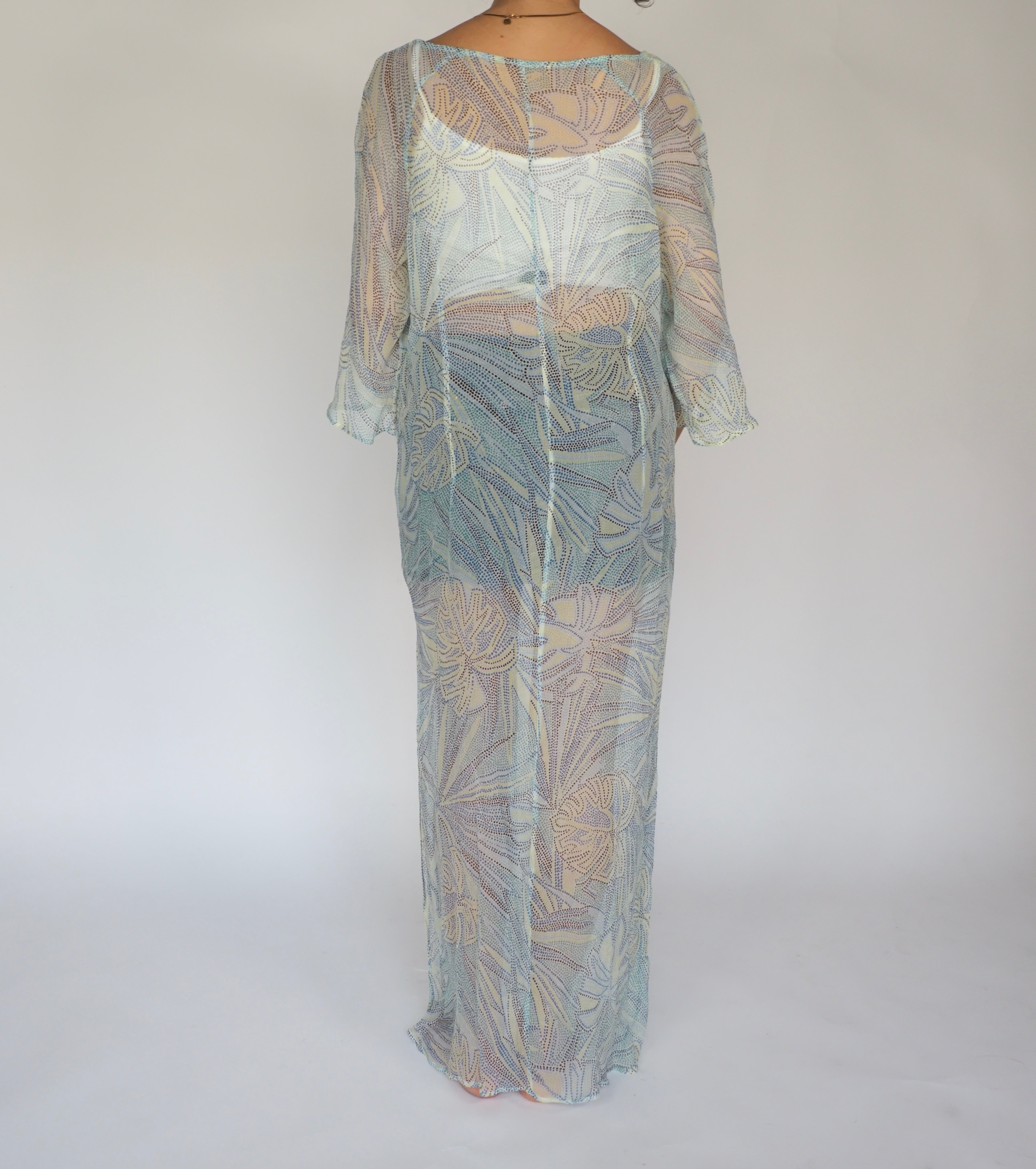 Sheer Tropical Mesh Maxi Dress with Side Slit