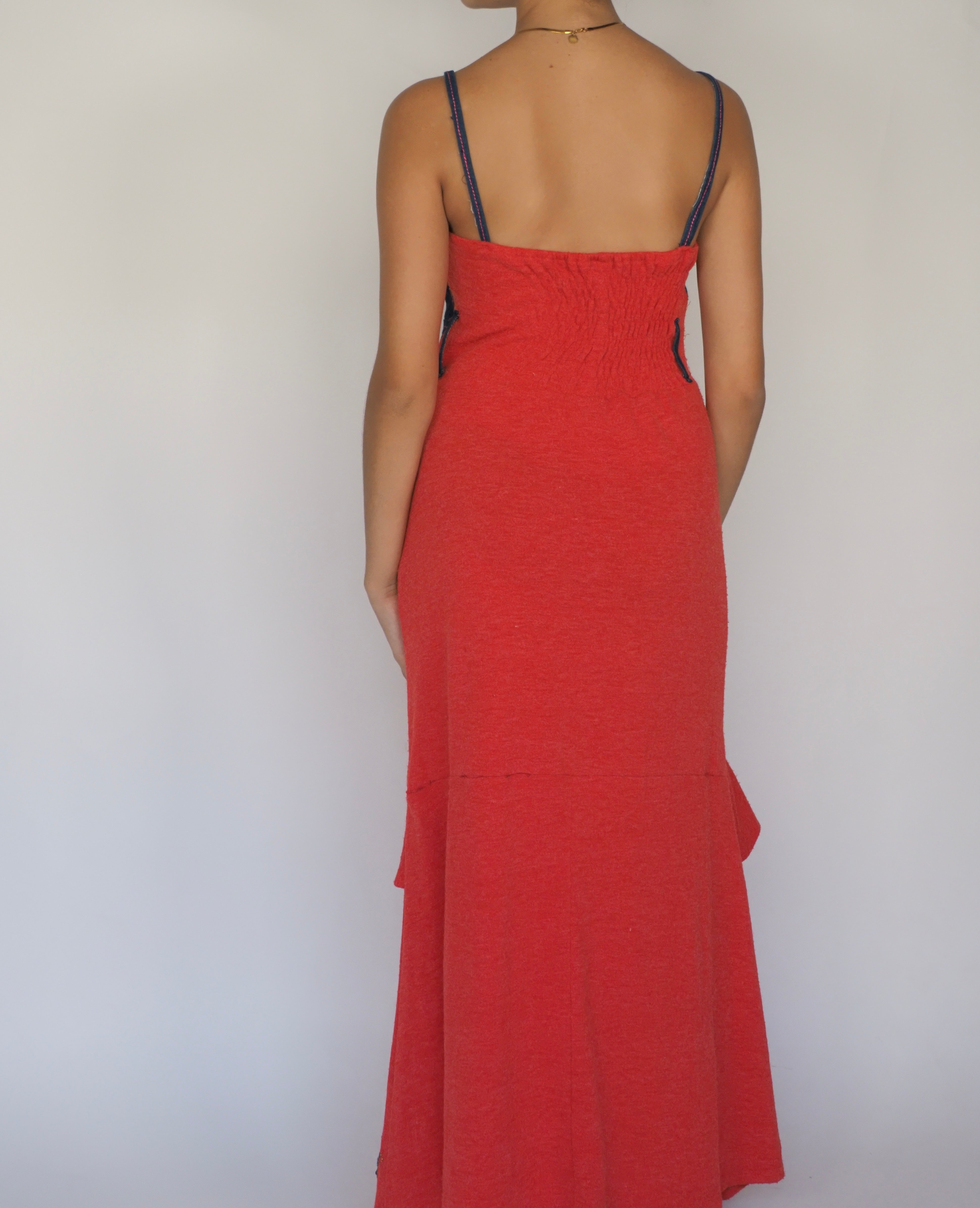 Y2K Butterfly Zip Corset Maxi Dress – Red, Denim & Floral Patchwork