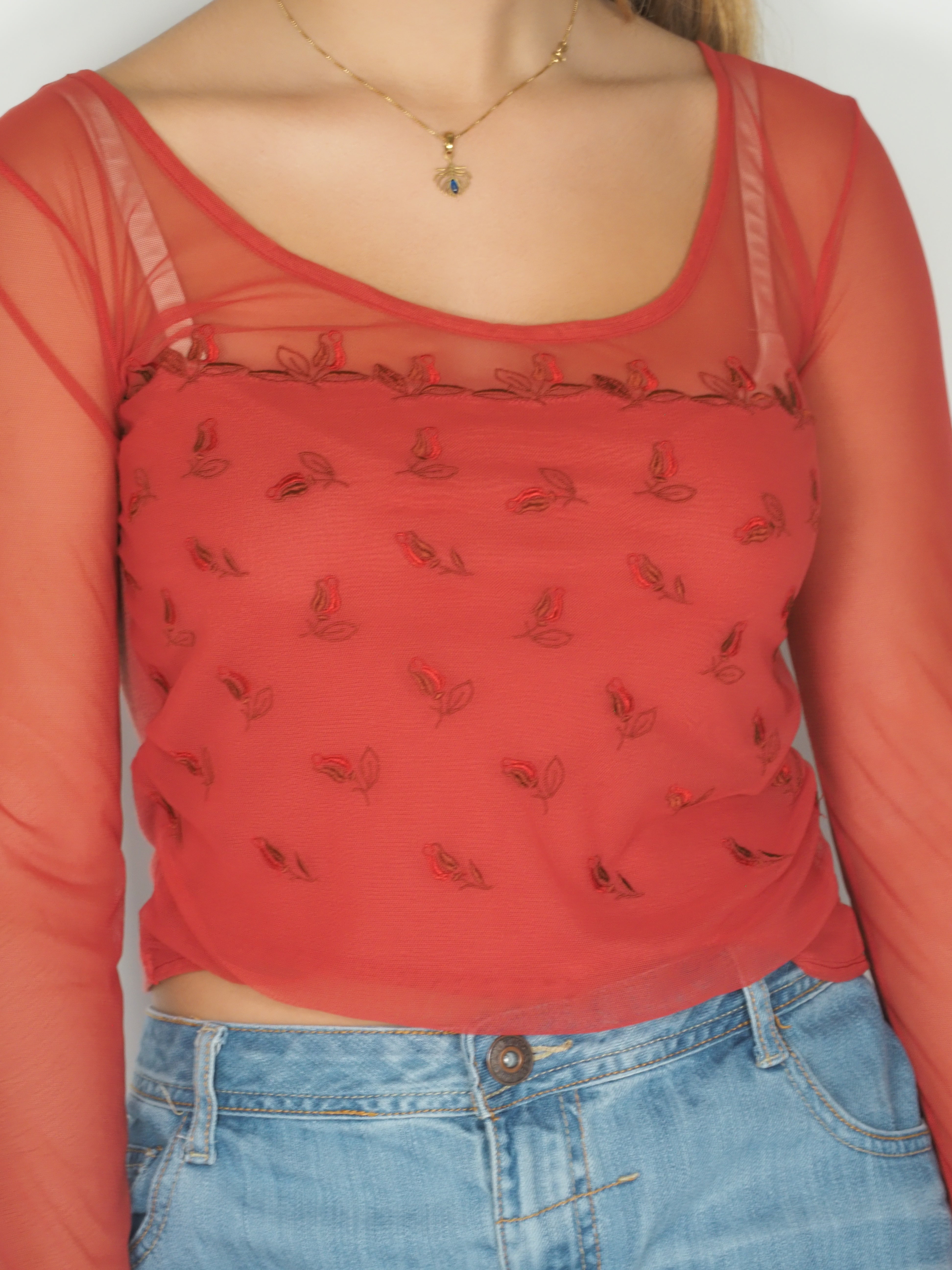 Red Mesh Embroidered Rose Top – Bolleblu