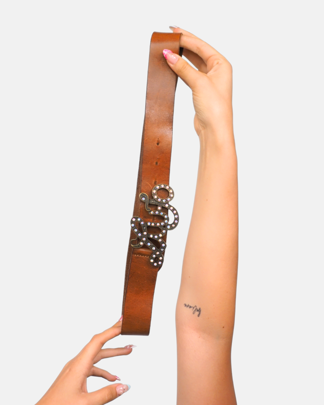 Studded Denim Blue Leather Belt with Antique Brass Buckle
