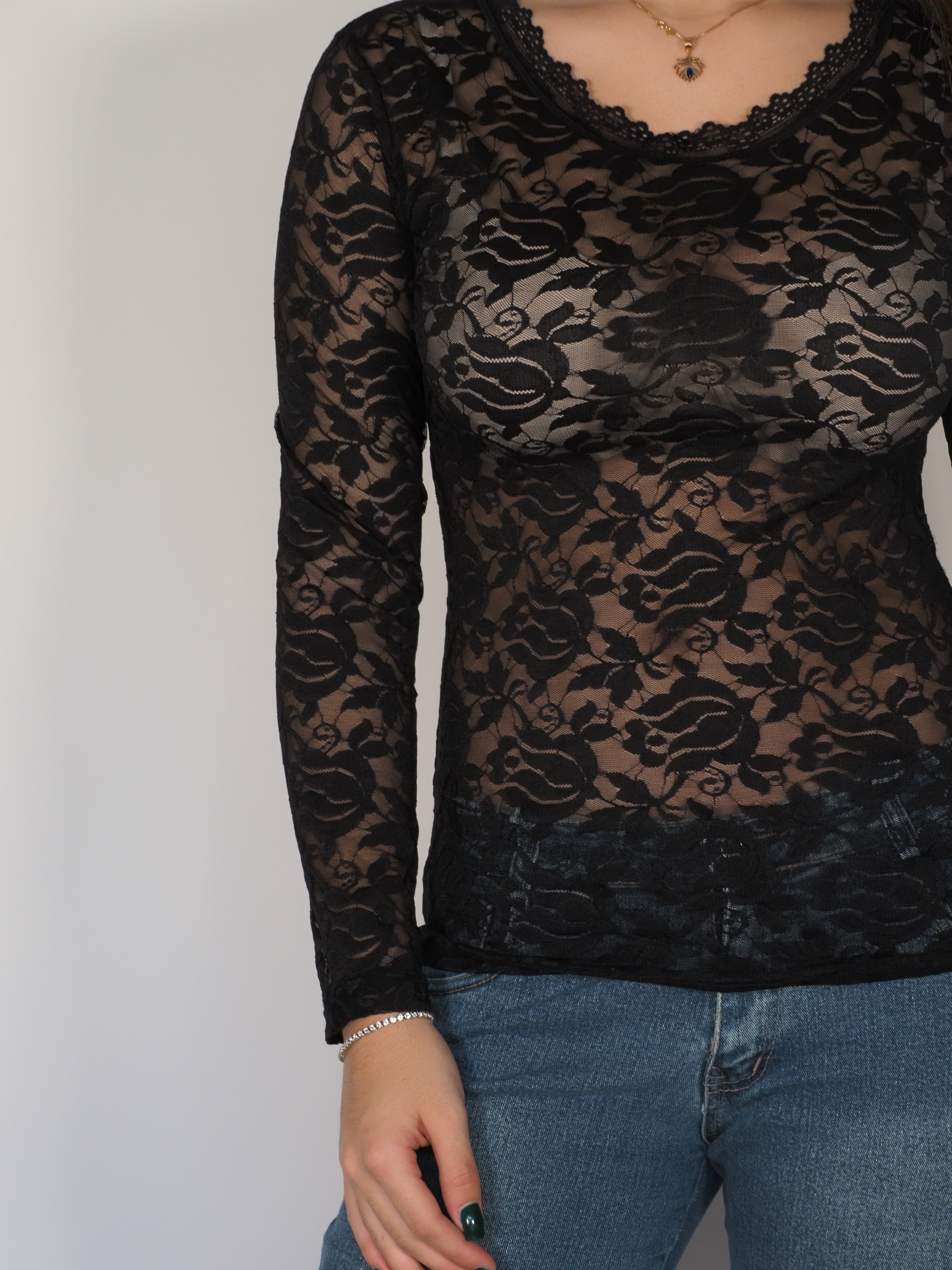 Black Sheer Floral Lace Long-Sleeve Top