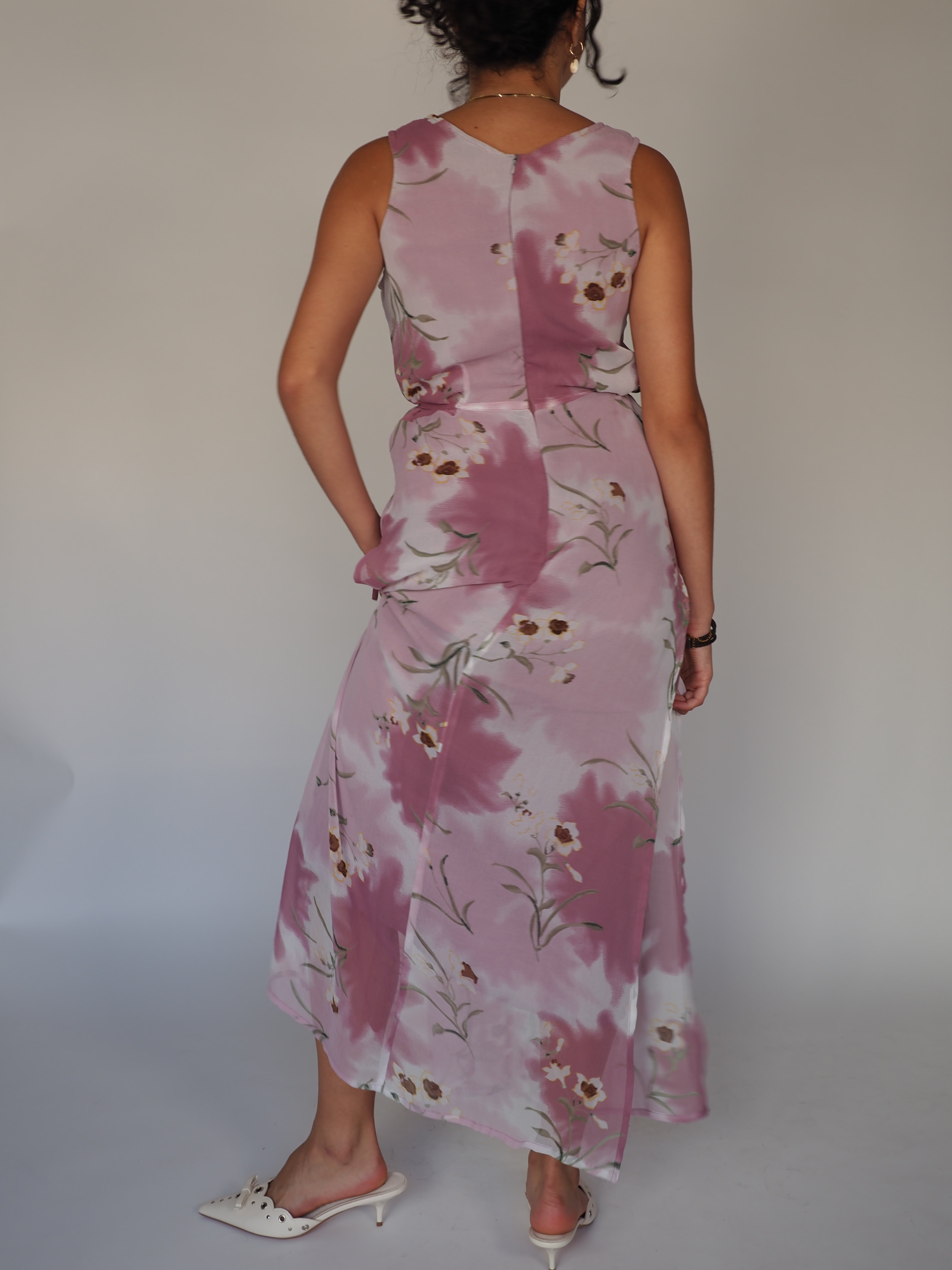 Honey House Lilac Floral Two-Piece Sheer Overlay Maxi Dress Set