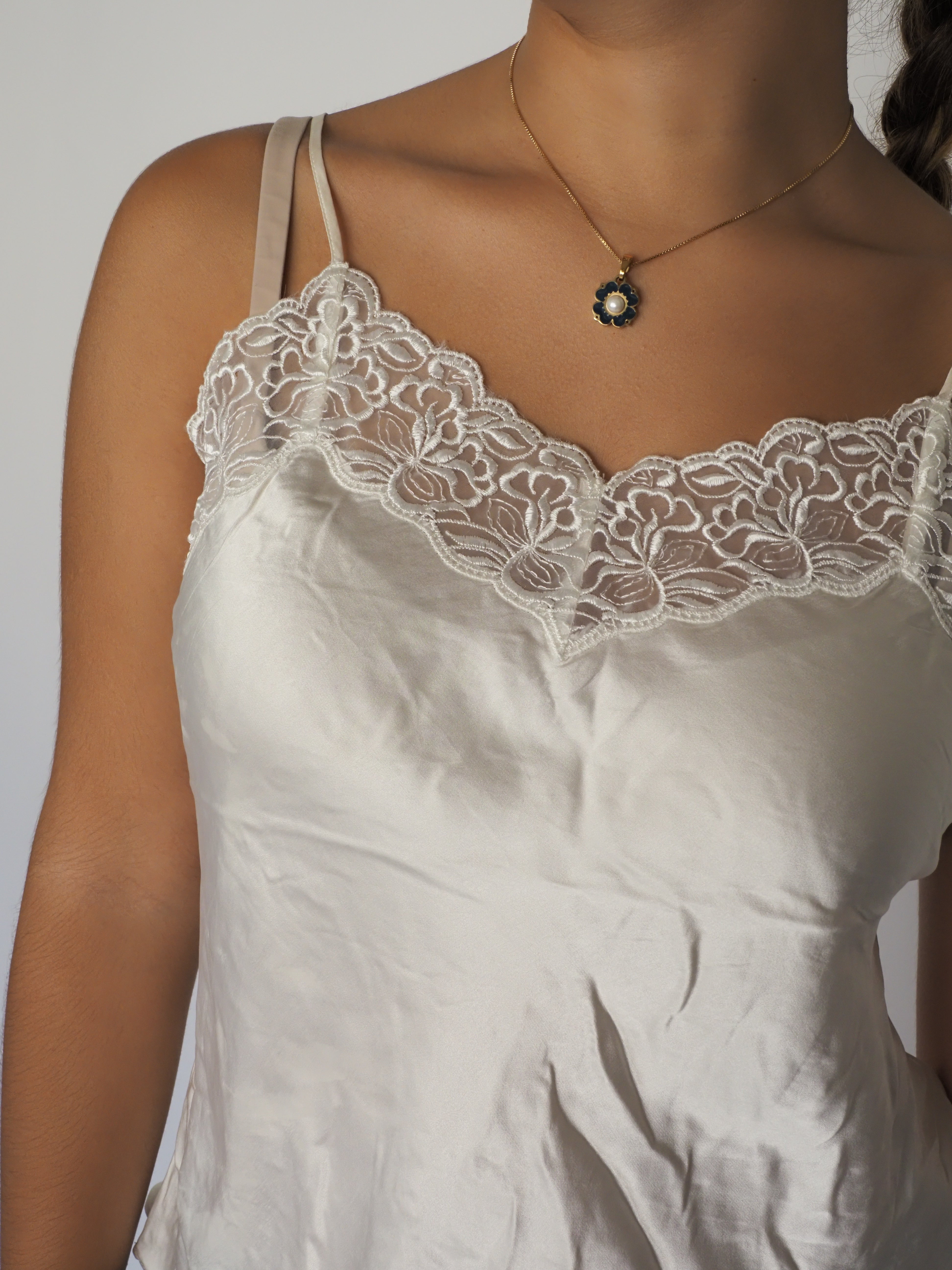 Vintage Cream Satin Camisole with Floral Lace Trim – Amorette