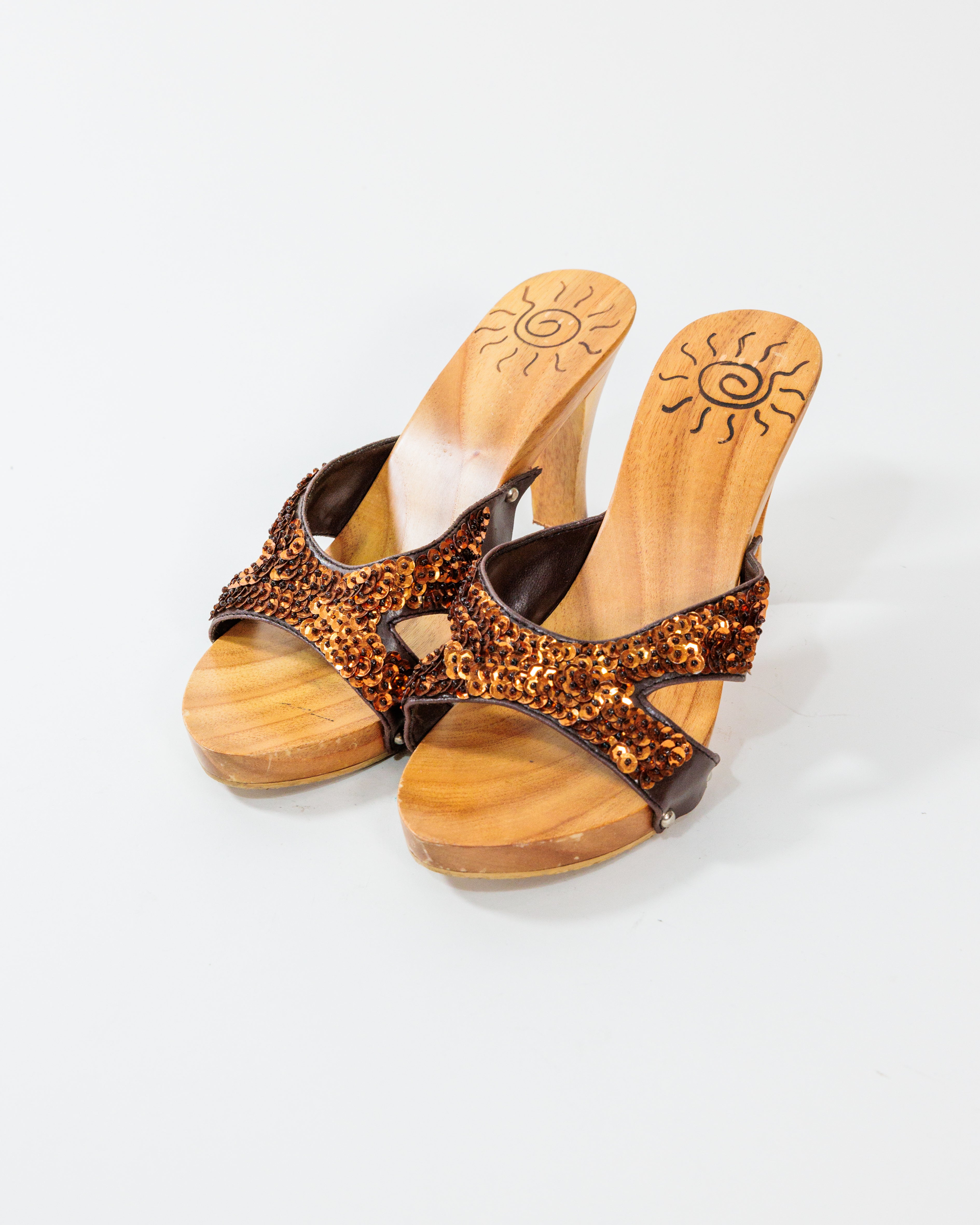 Bronze Sequin Wooden Wedge Sandals