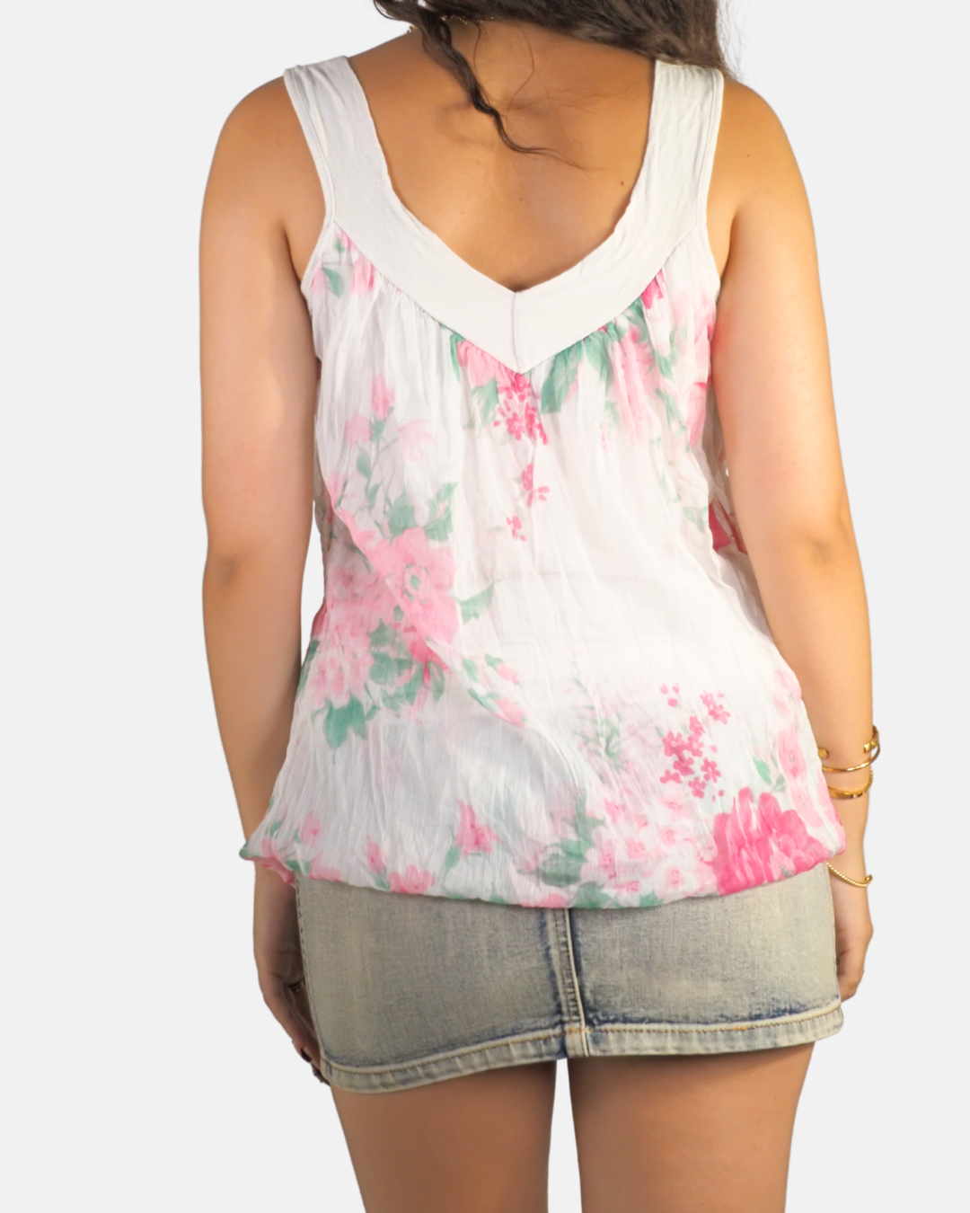 Y2K White & Pink Floral Babydoll Ruched Top