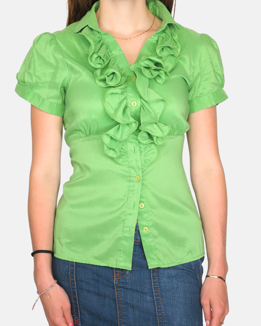Lime Green Ruffle Satin Blouse by Marina Kaneva