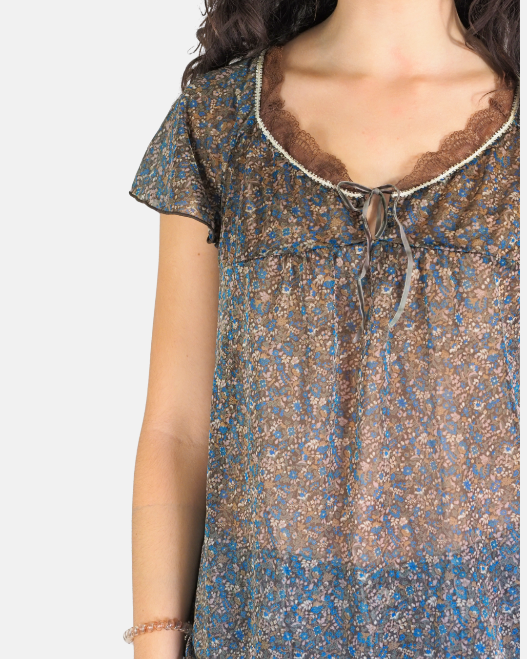 Brown Floral Lace Tie-Front Top