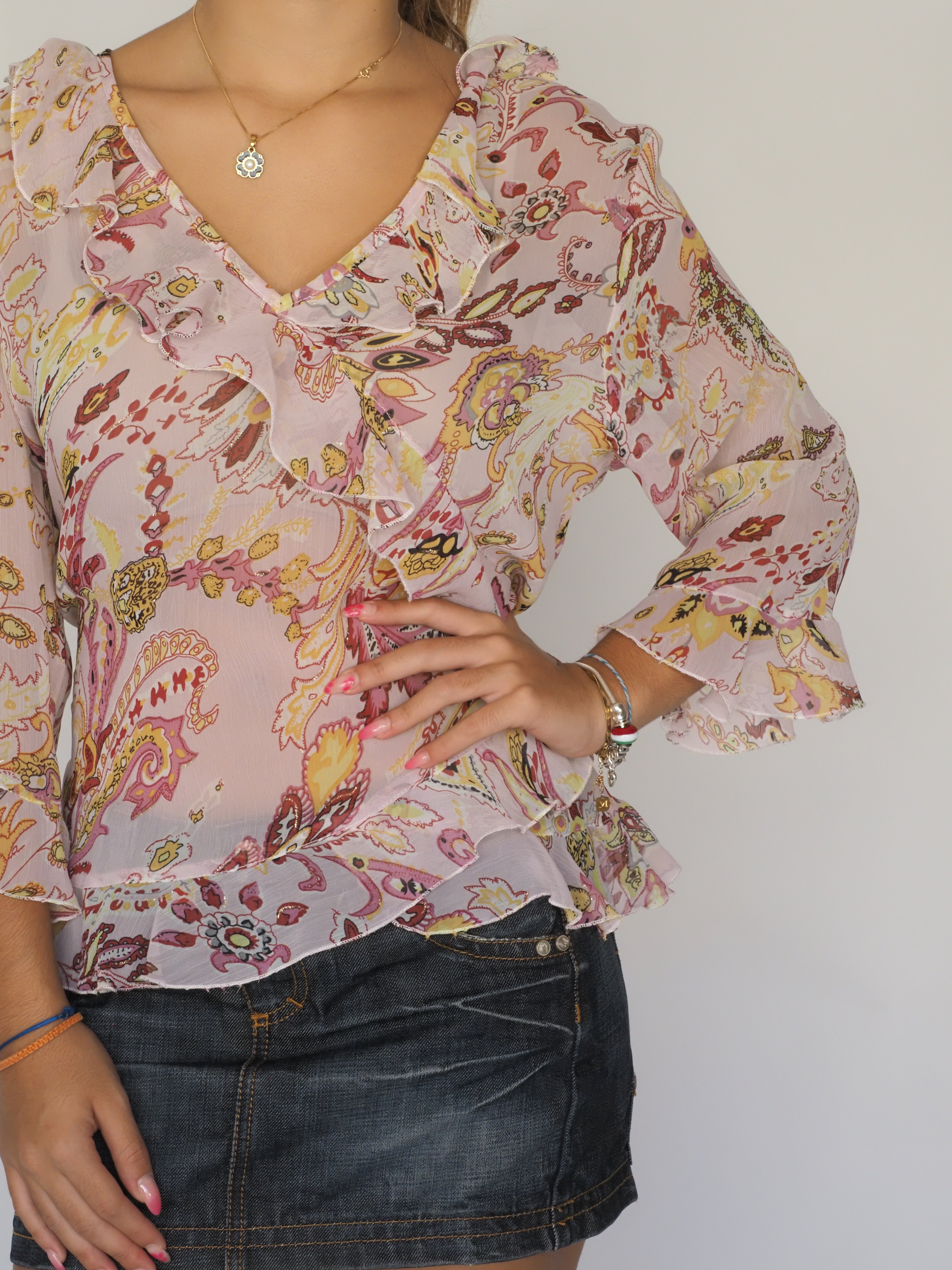 Vintage Ruffle Paisley Chiffon Blouse