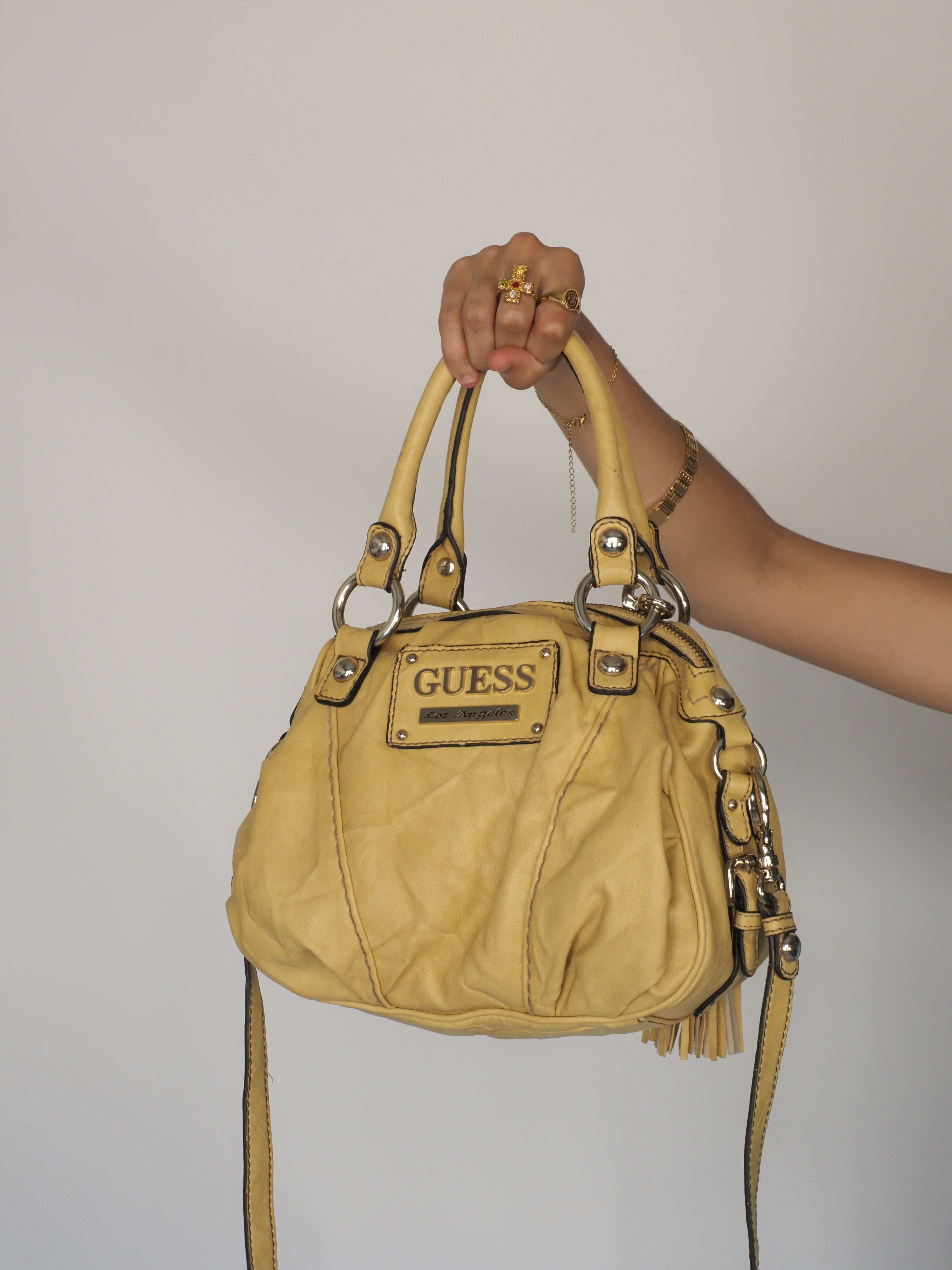 Guess Los Angeles Quilted Dome Satchel – Pastel Yellow with Brown Zebra‑Print Lining