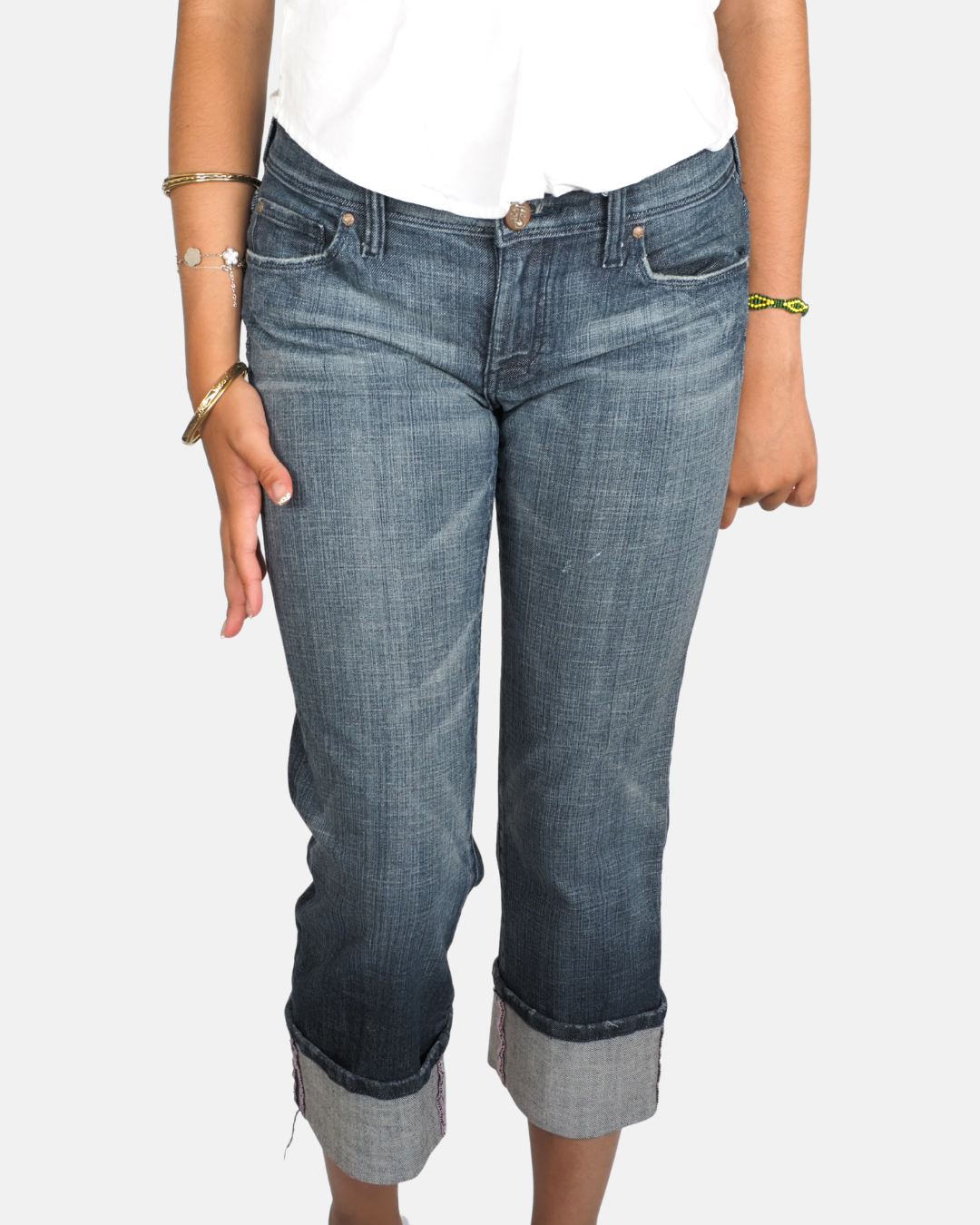 Dark Wash Turn-Up Capri Jeans by Seethru Soul
