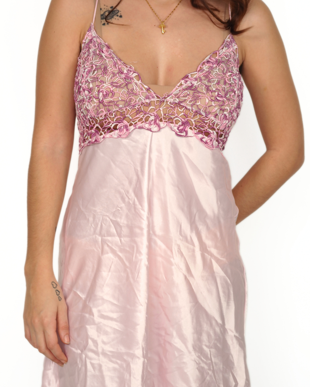 Deadstock New Night Lingerie Pink Slip Dress with Sweet Embroidered Design