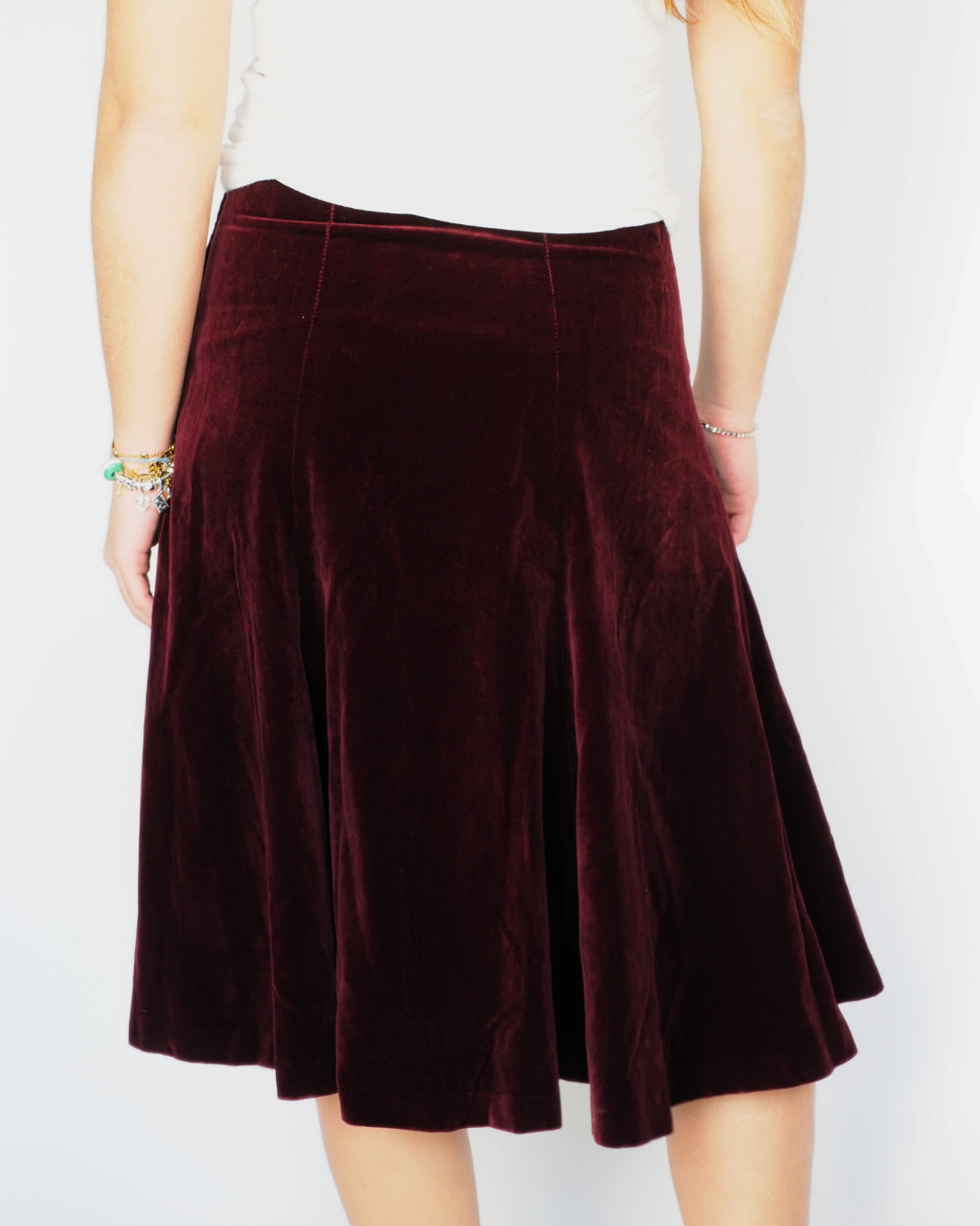 Burgundy Velvet Flared Midi Skirt