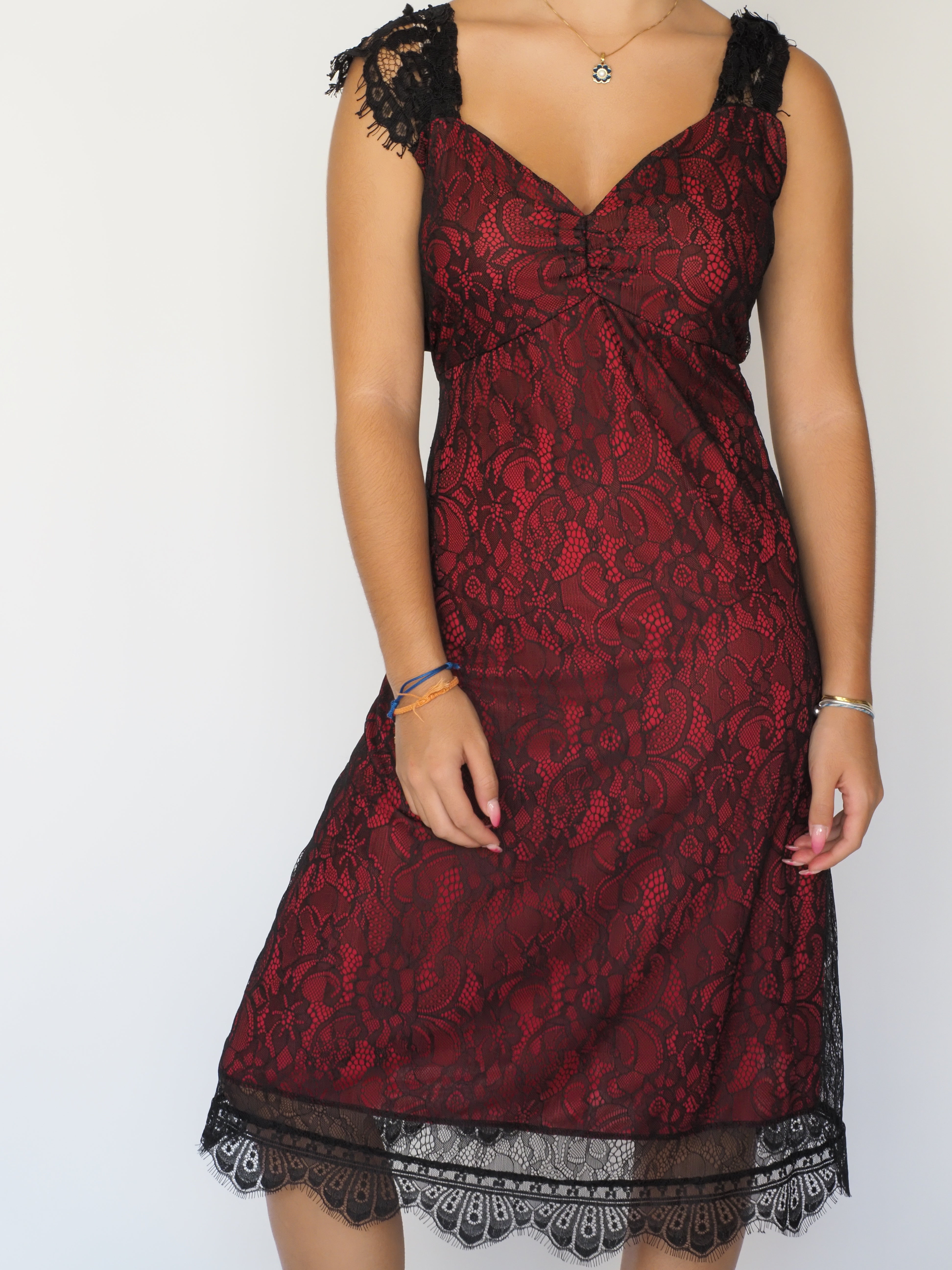 Sleeveless Red & Black Lace Midi Dress