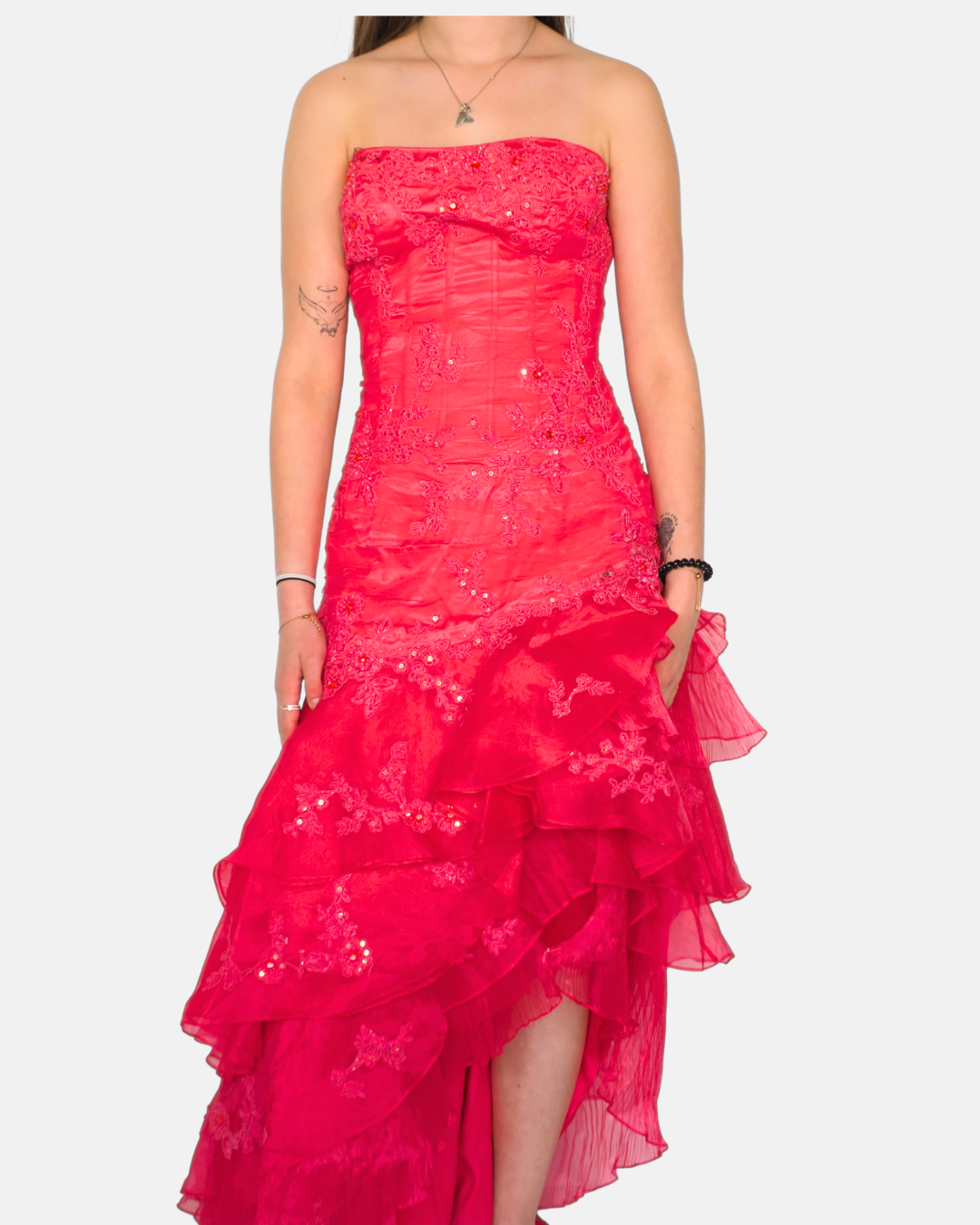 S&M Haute Couture Red Embellished Ruffle Evening Dress