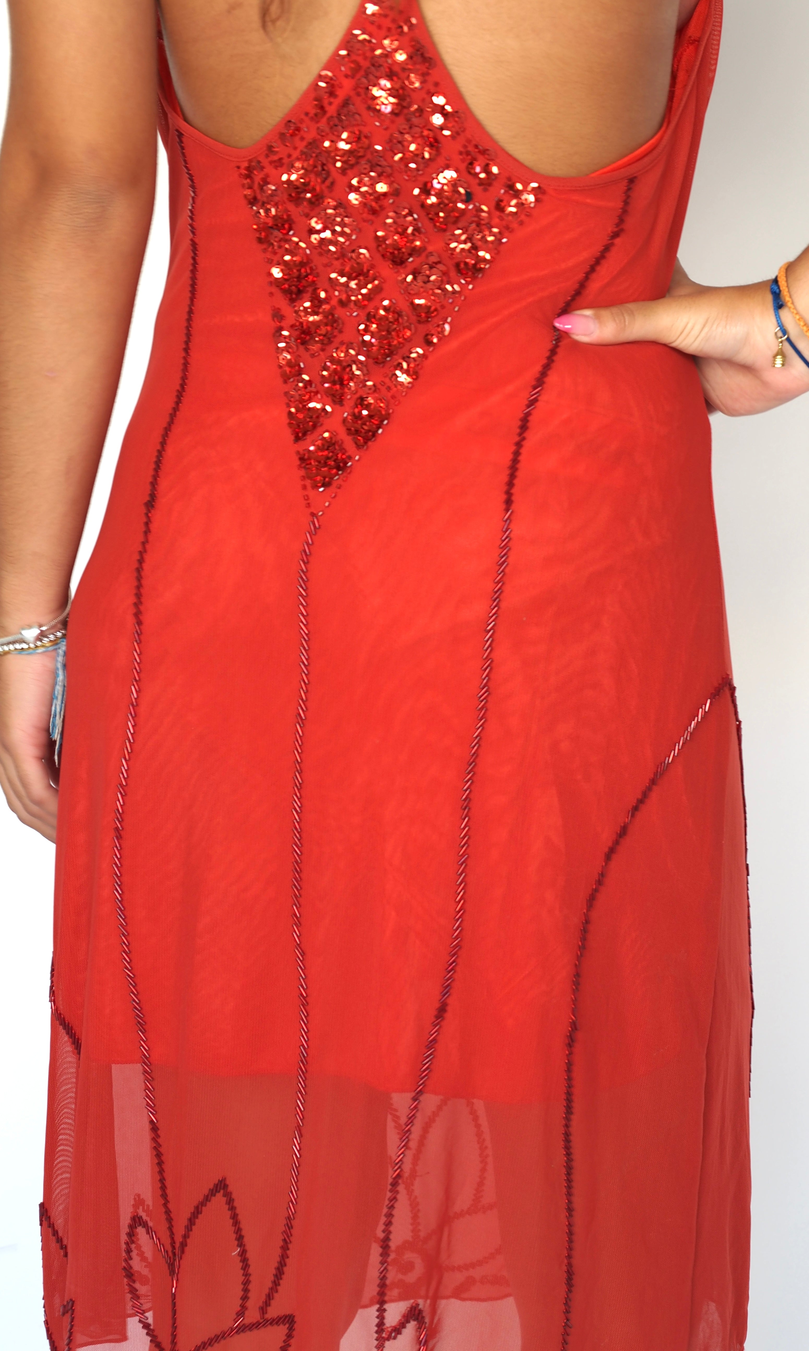 Jin’s Collection Red Mesh Midi Slip Dress with Sequin Floral Hem