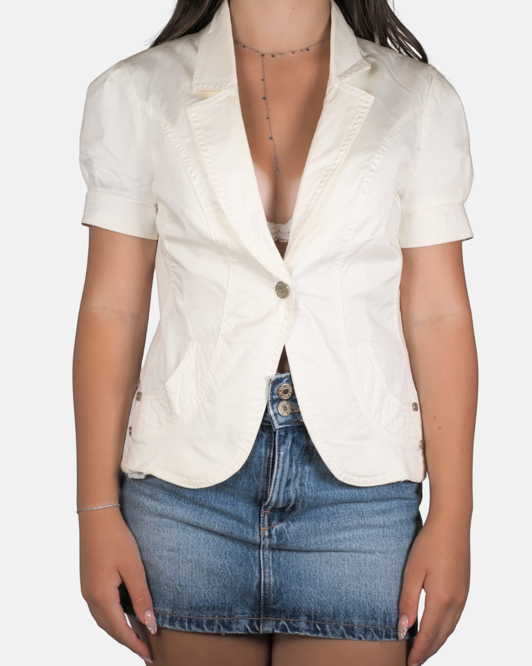 White Short-Sleeve Fitted Blazer