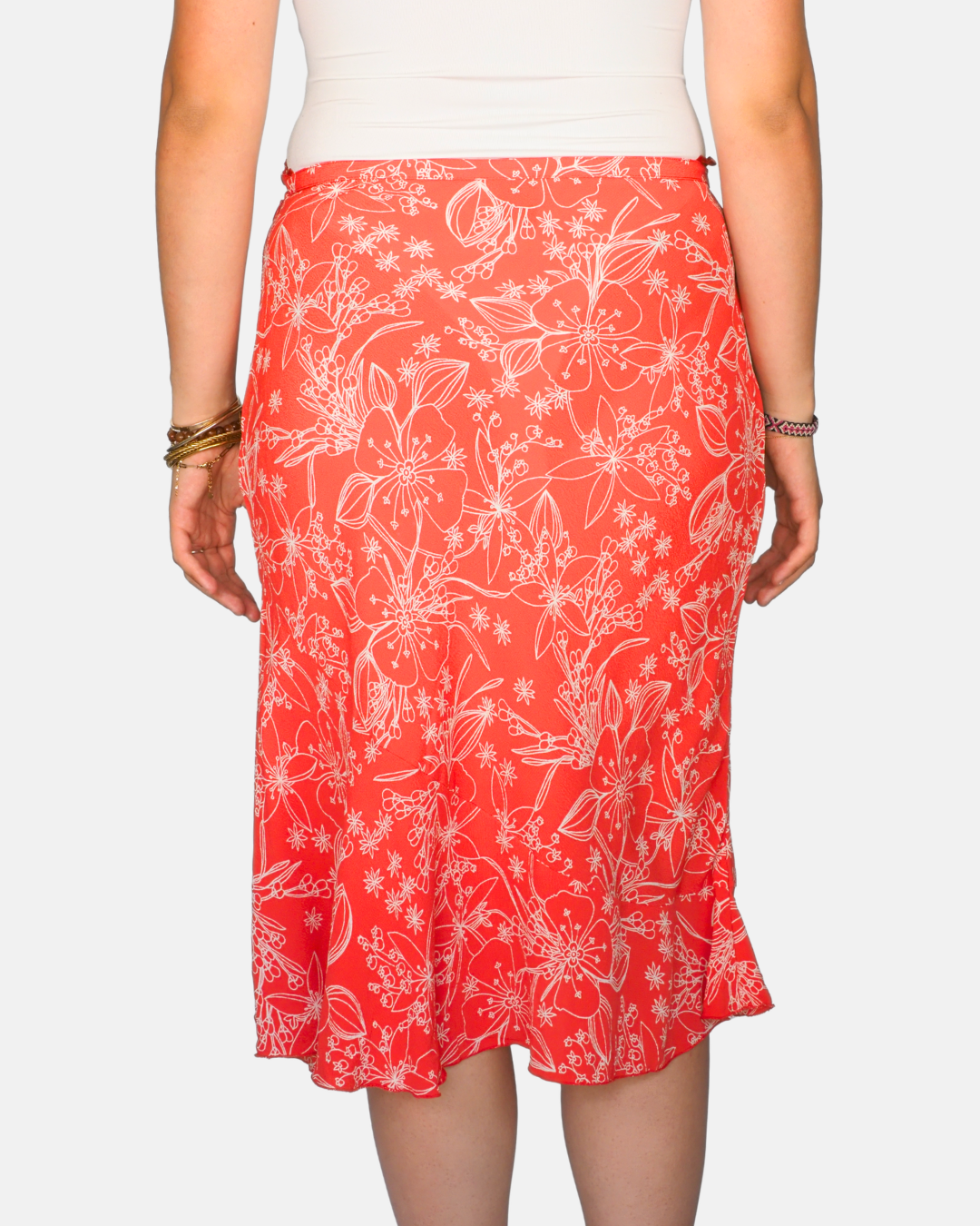Vintage Coral Bloom Bias-Cut Midi Skirt