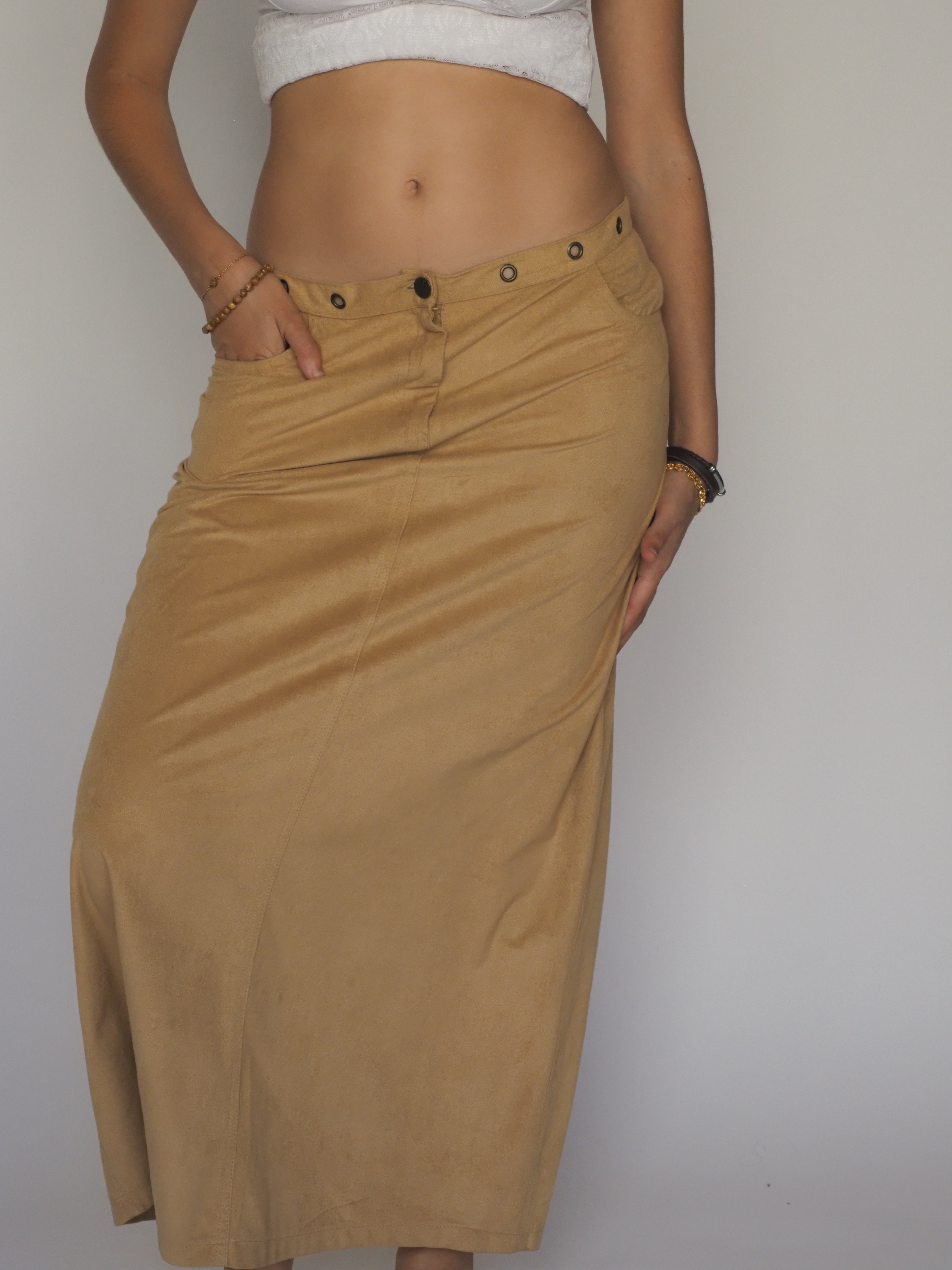 Camel Suede-Look Midi Skirt with Grommet Waistband