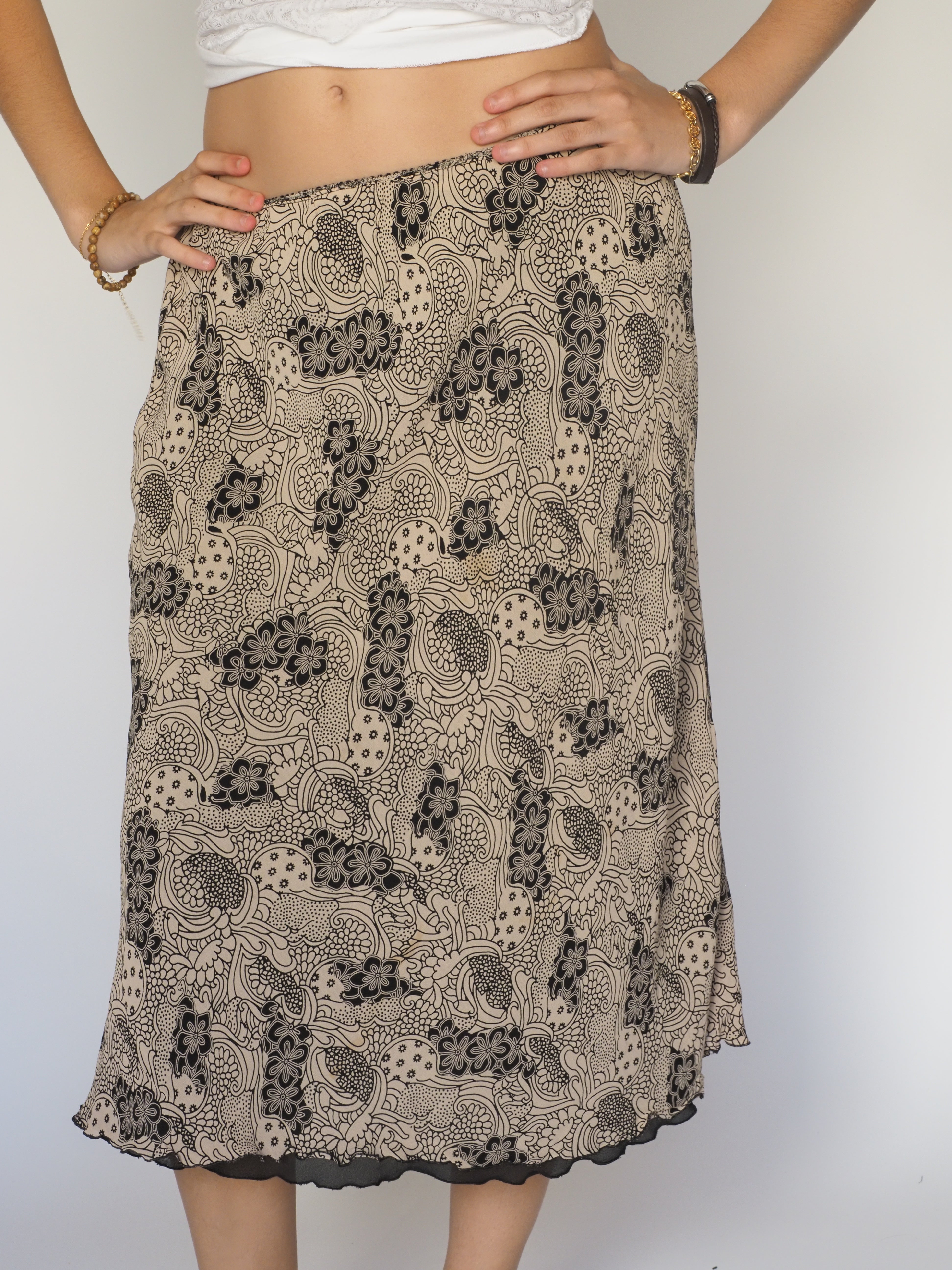 Beige & Black Abstract Floral Print Midi Skirt – Official