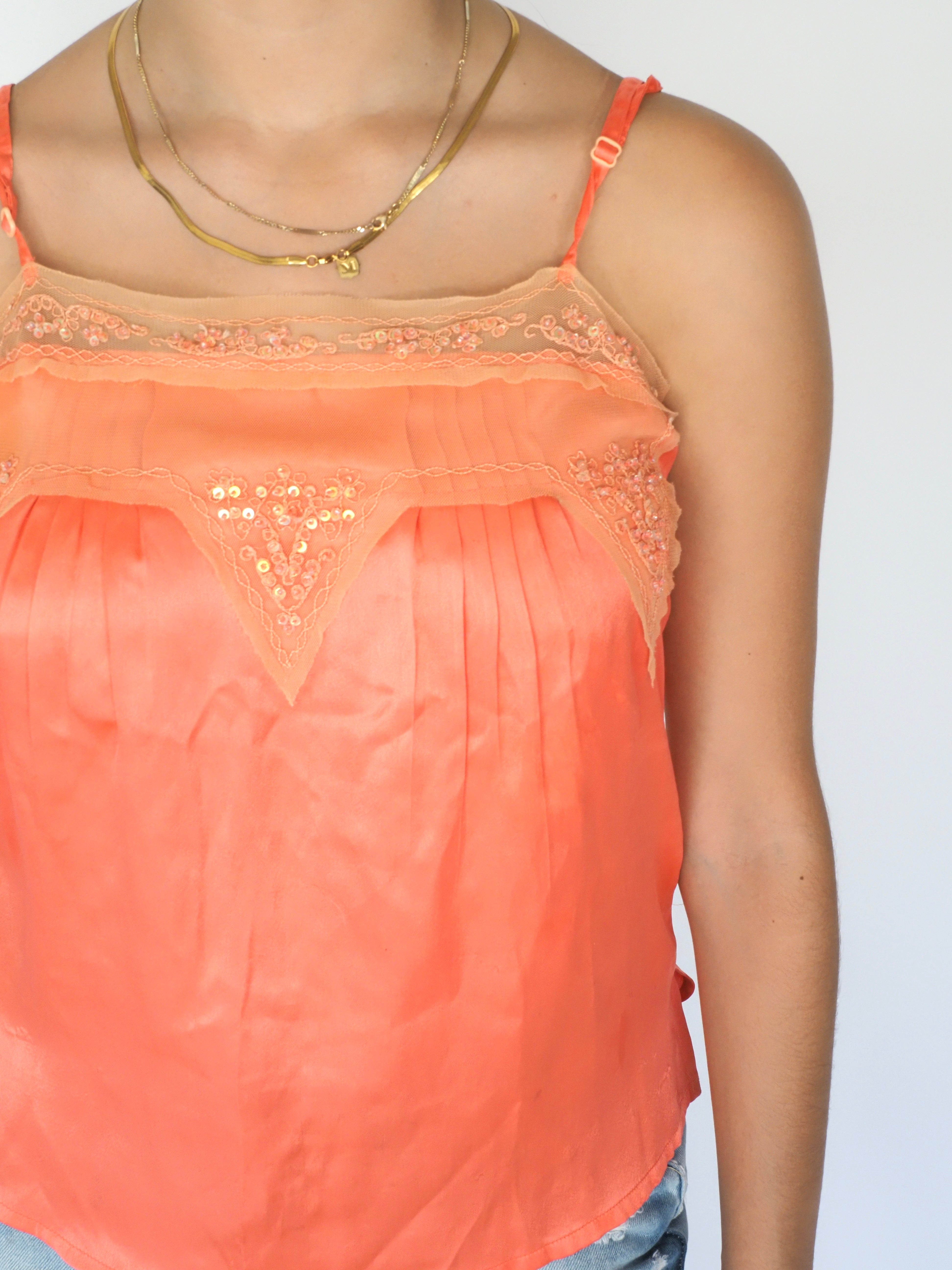 Vintage Coral Satin & Lace Cami Top – H&M
