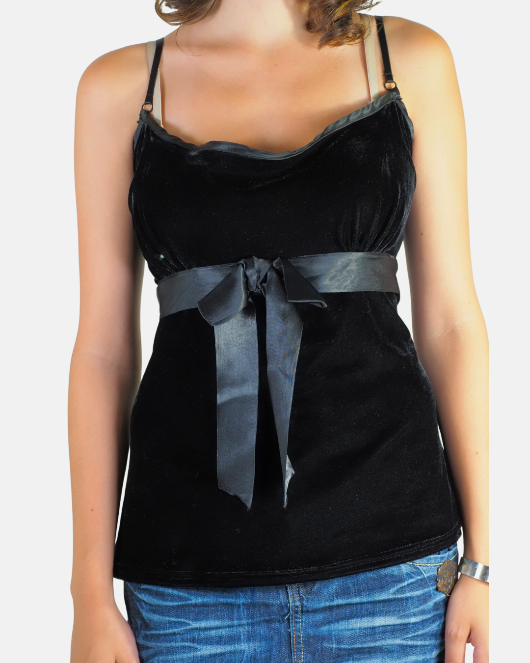 Y2K Black Velvet Satin Bow Cami Top