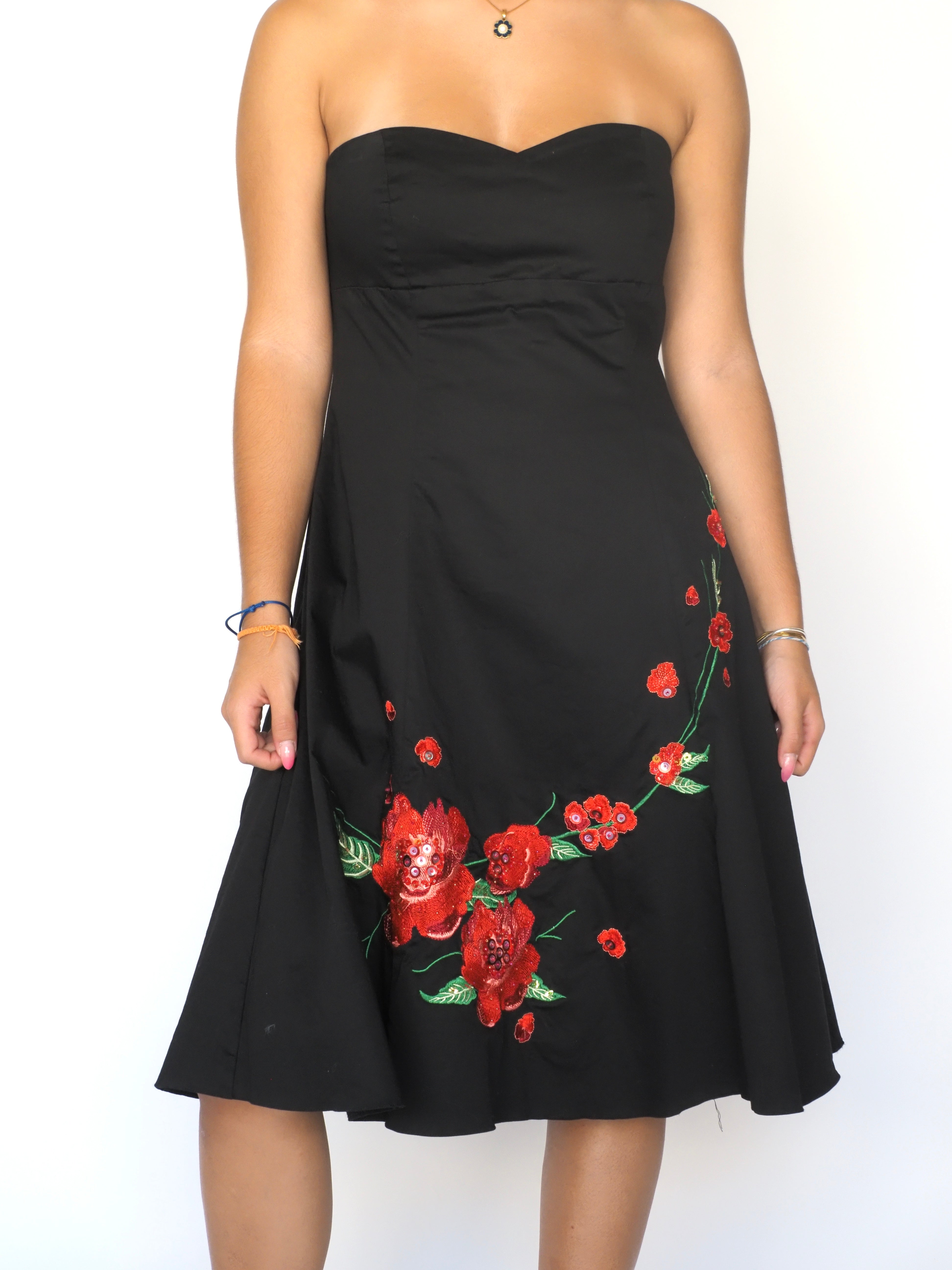 Black Strapless Midi Dress with Red Sequin Floral Embroidery – Cotton Club