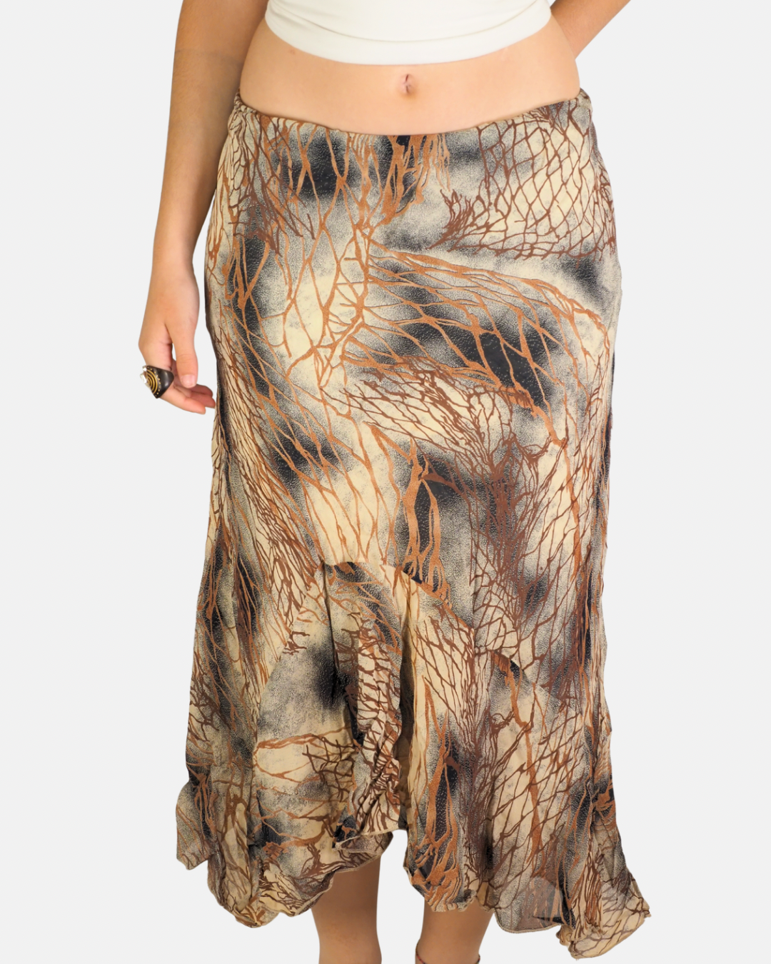 Earth Tone Abstract Mesh Asymmetric Midi Skirt