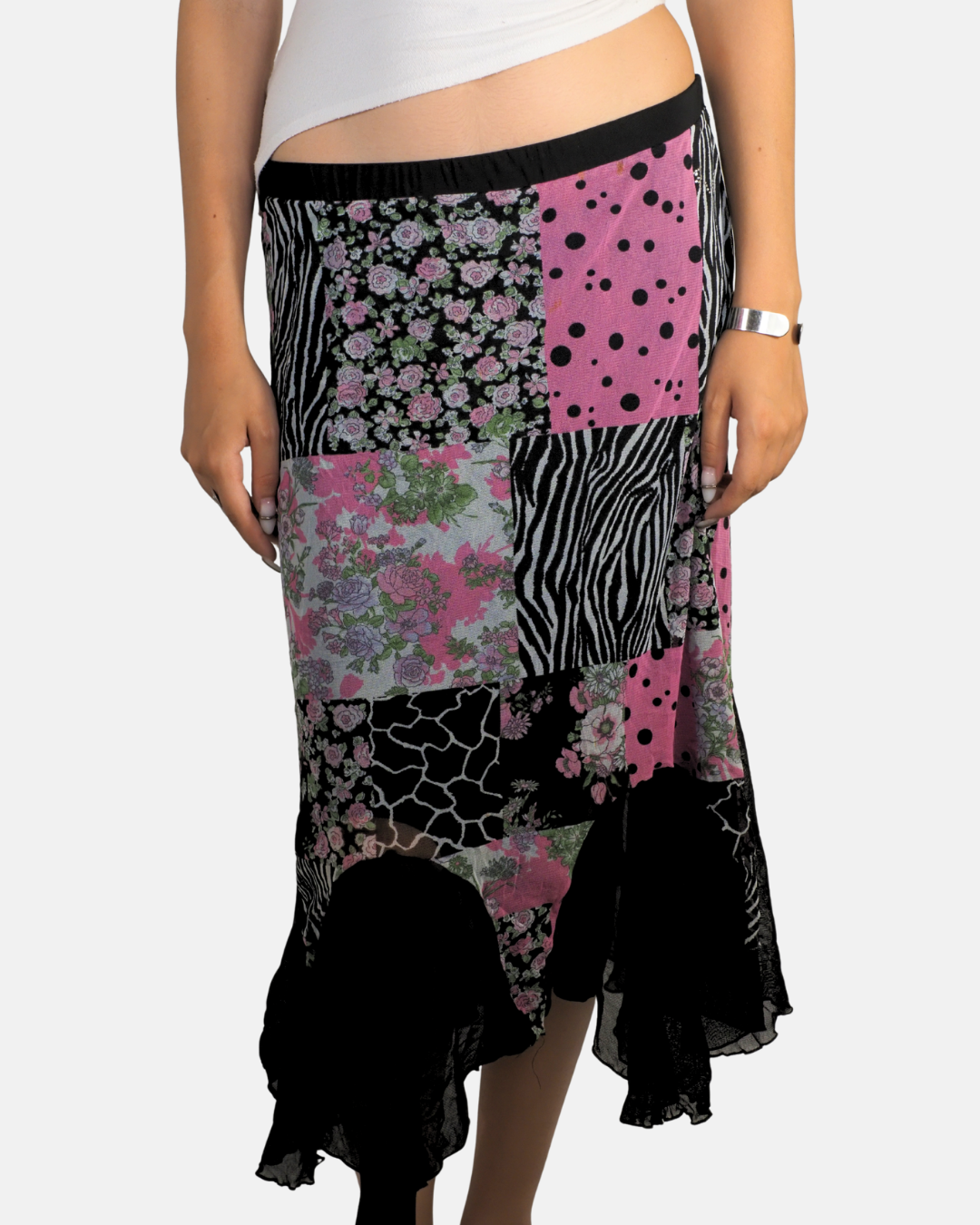 Pink Patchwork Animal Print Asymmetric Midi Skirt