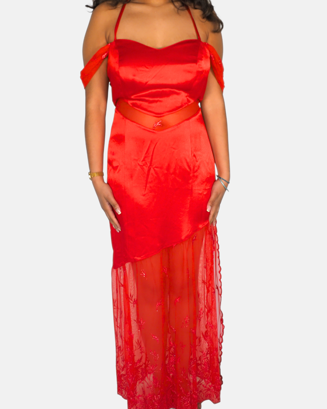Vintage Red Satin & Sheer Lace Cut-Out Maxi Dress