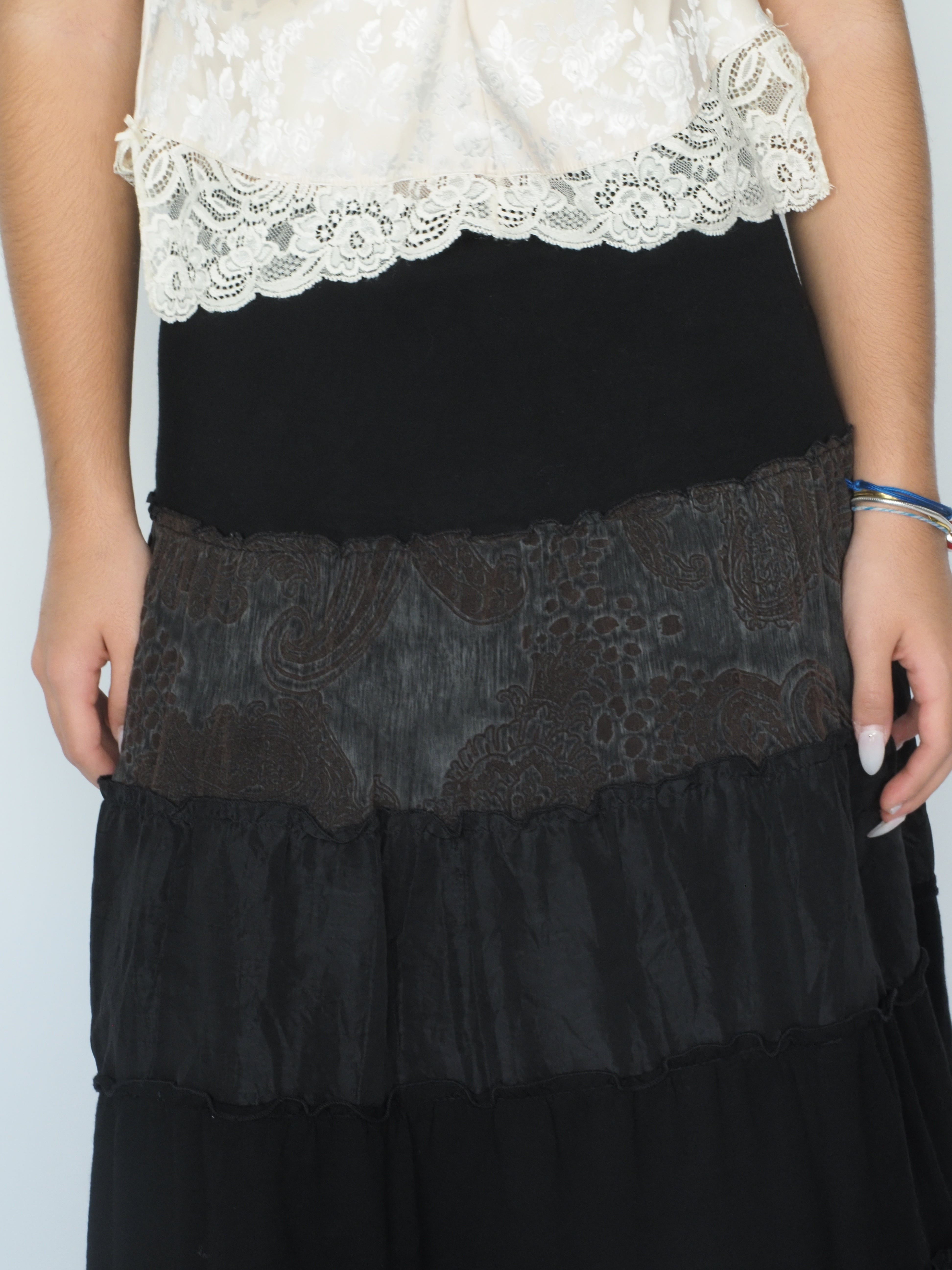 Mixed-Fabric Tiered Midi Skirt – Righi