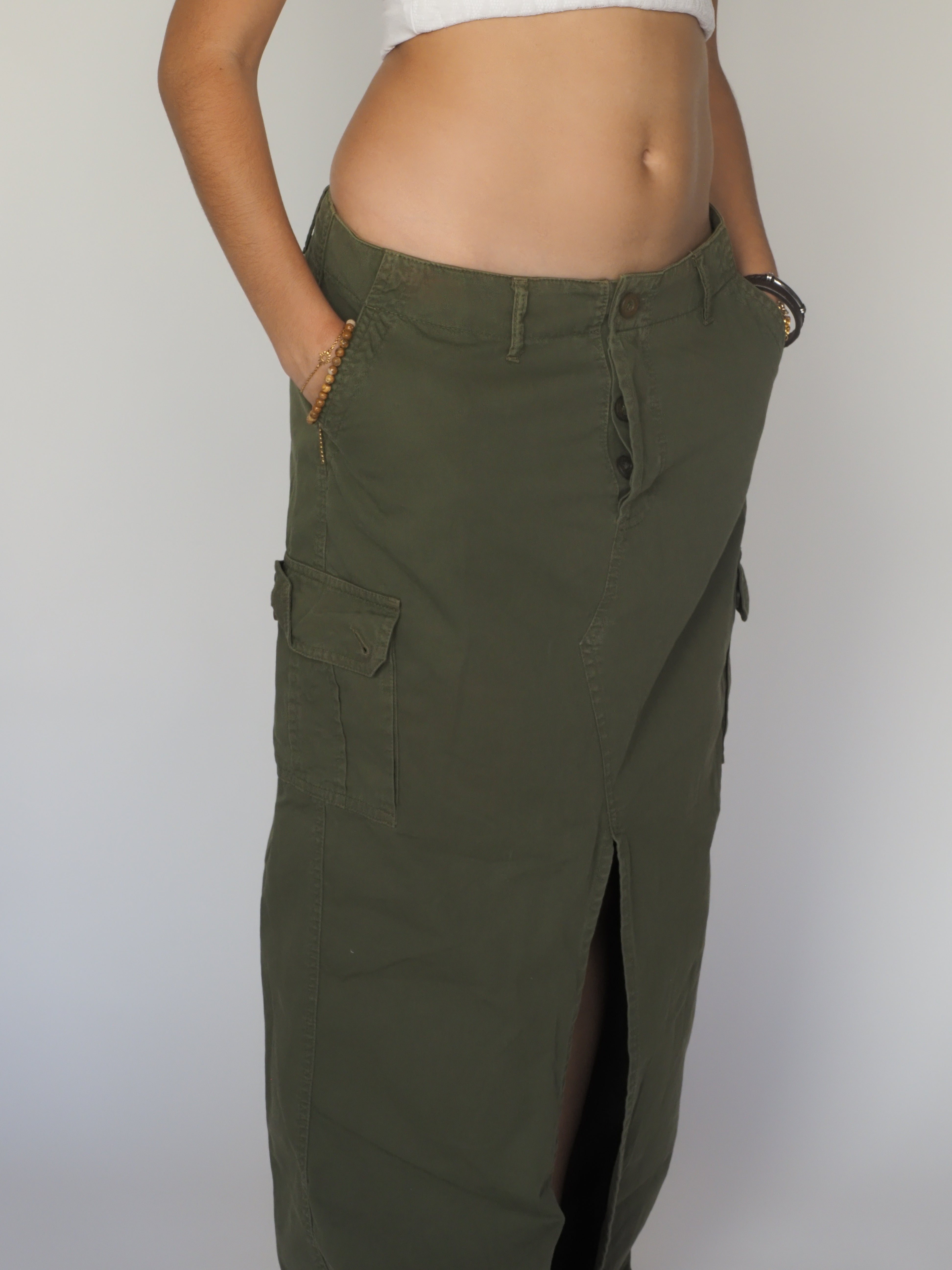 Army Green Cargo Skirt with Brass Snap Buttons
