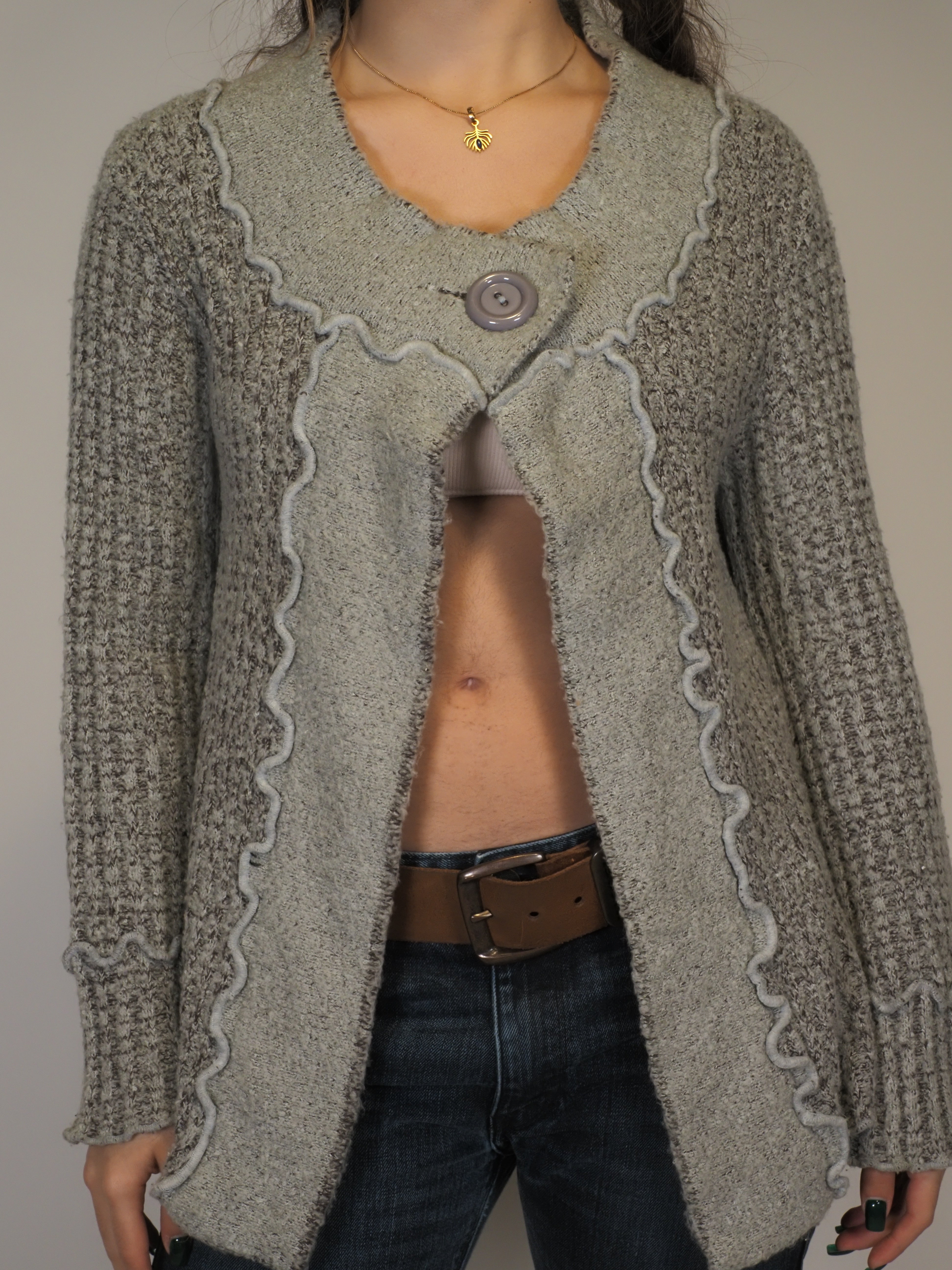 Grey Textured Knit Cardigan – Elegant