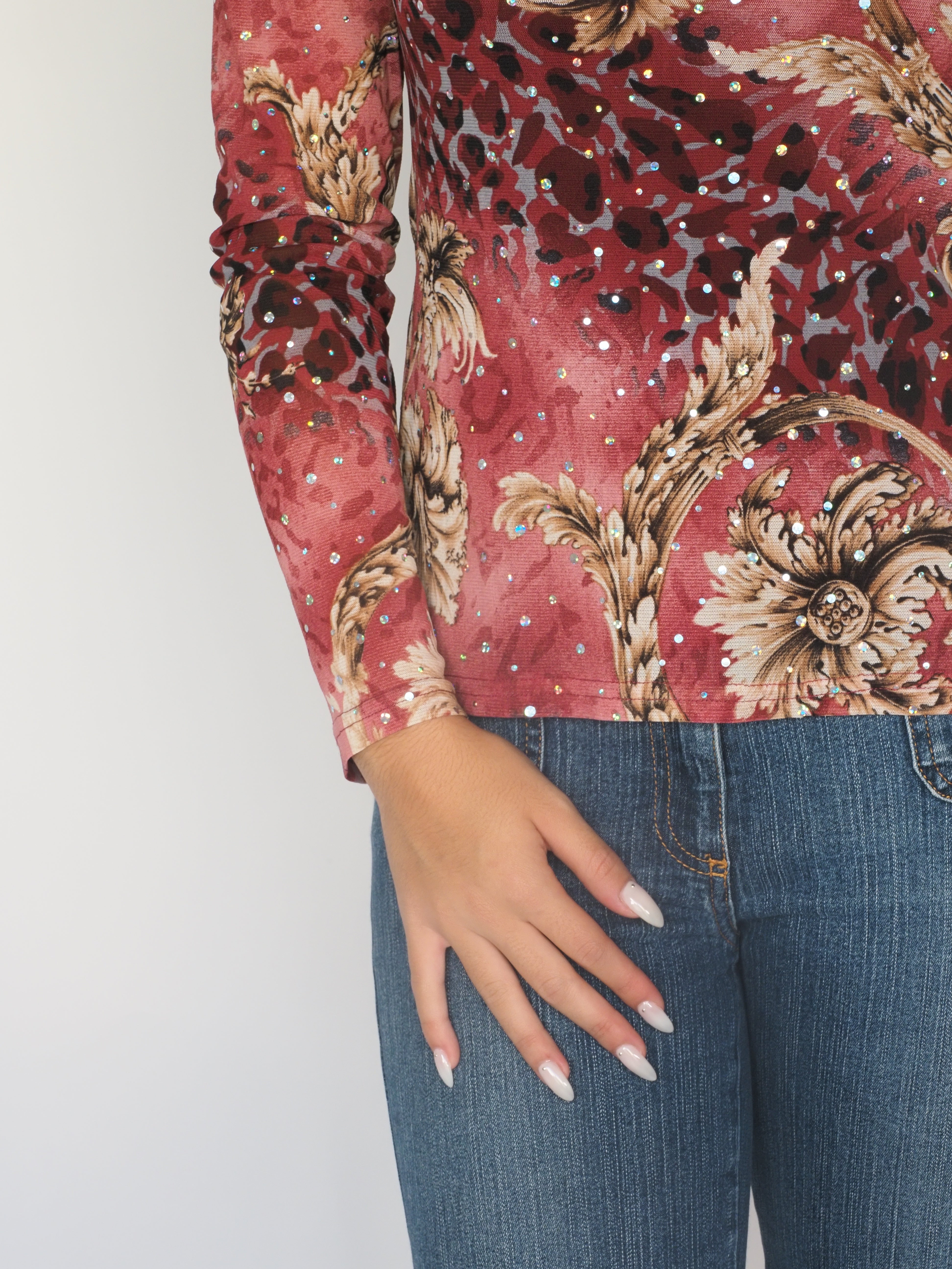 Baroque Floral Glitter Mesh Long Sleeve