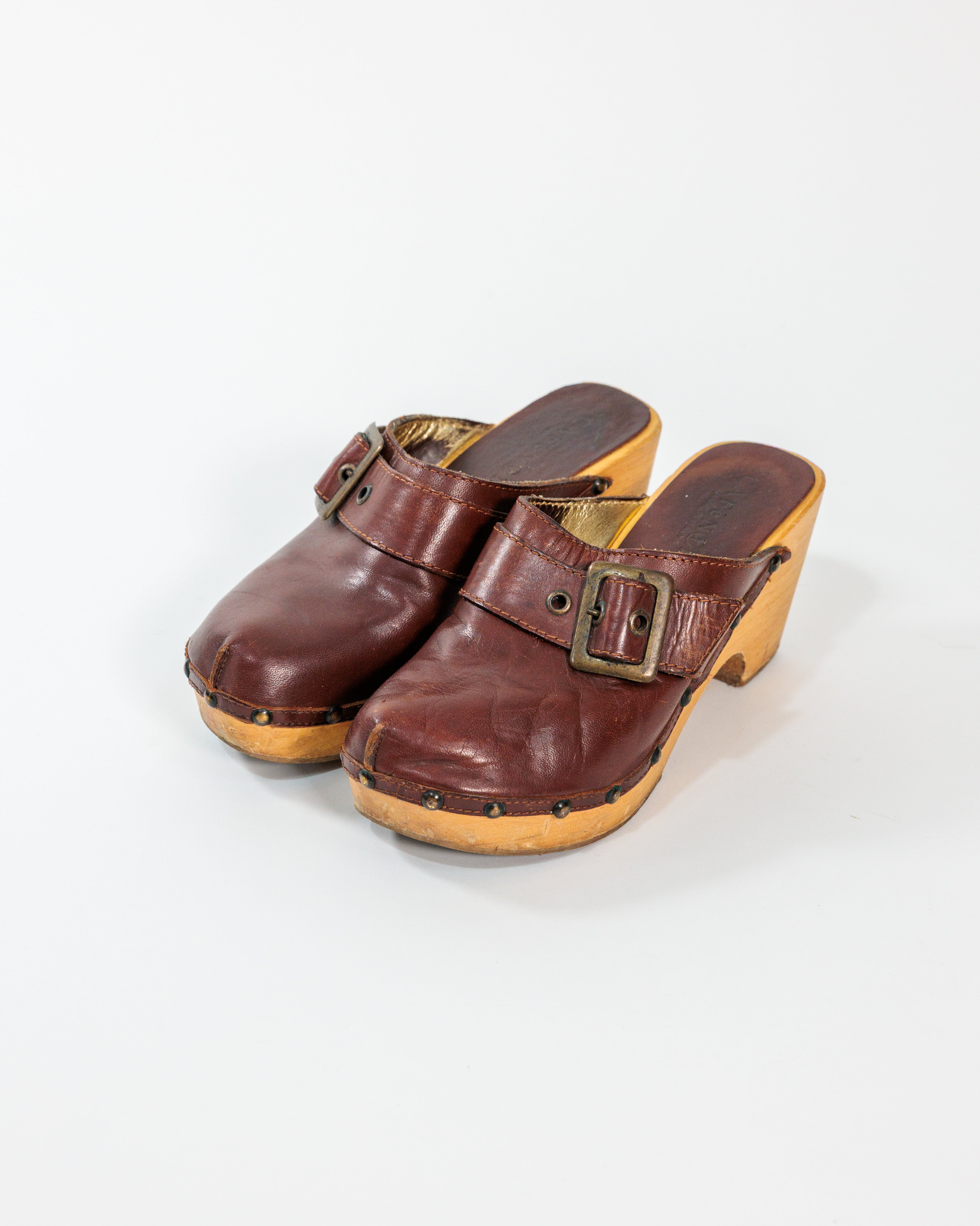 Brown Leather Buckle Wooden Clogs - CafèNoir