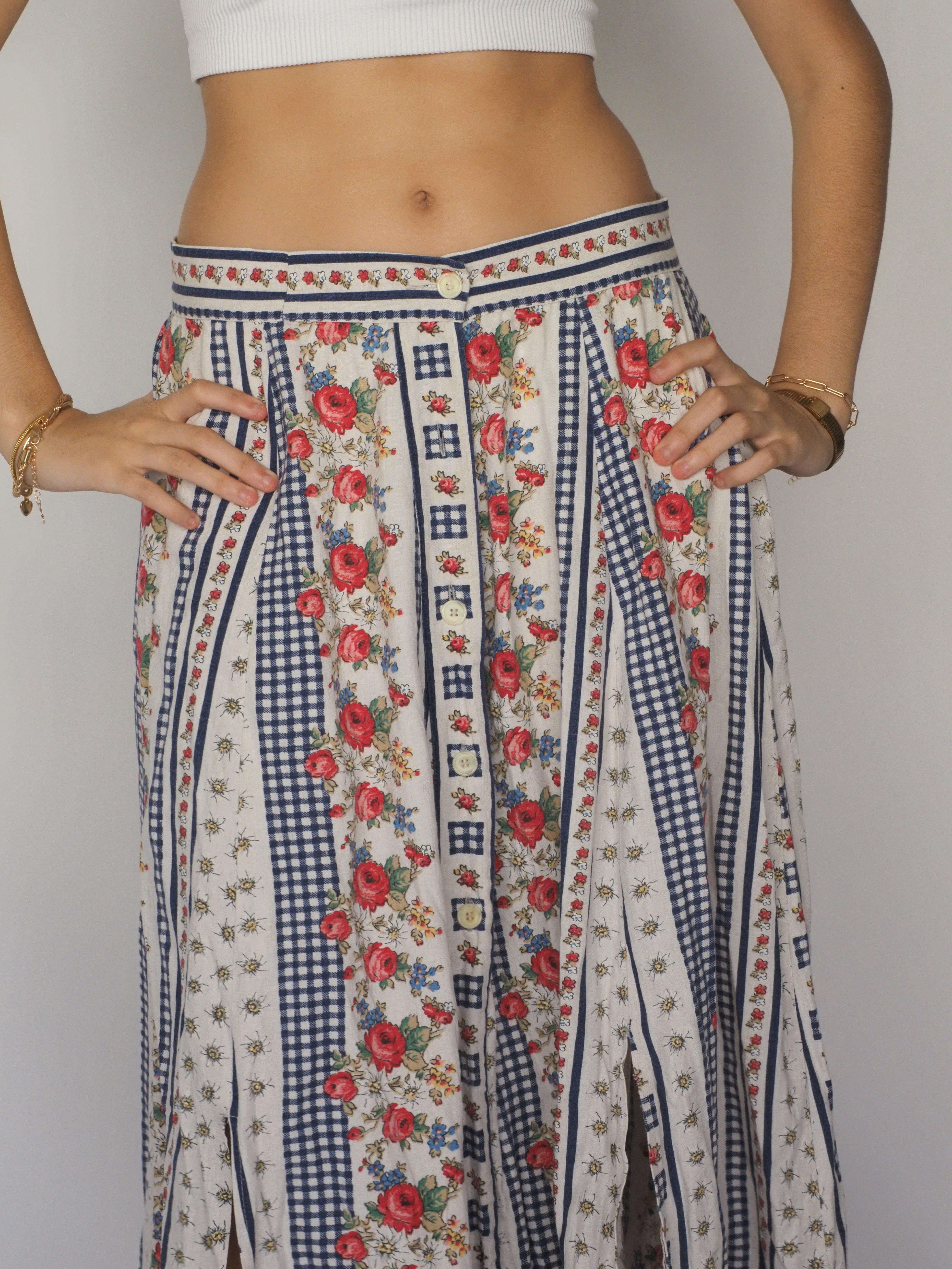 Navy Gingham & Floral Print Midi Skirt with Front Slit