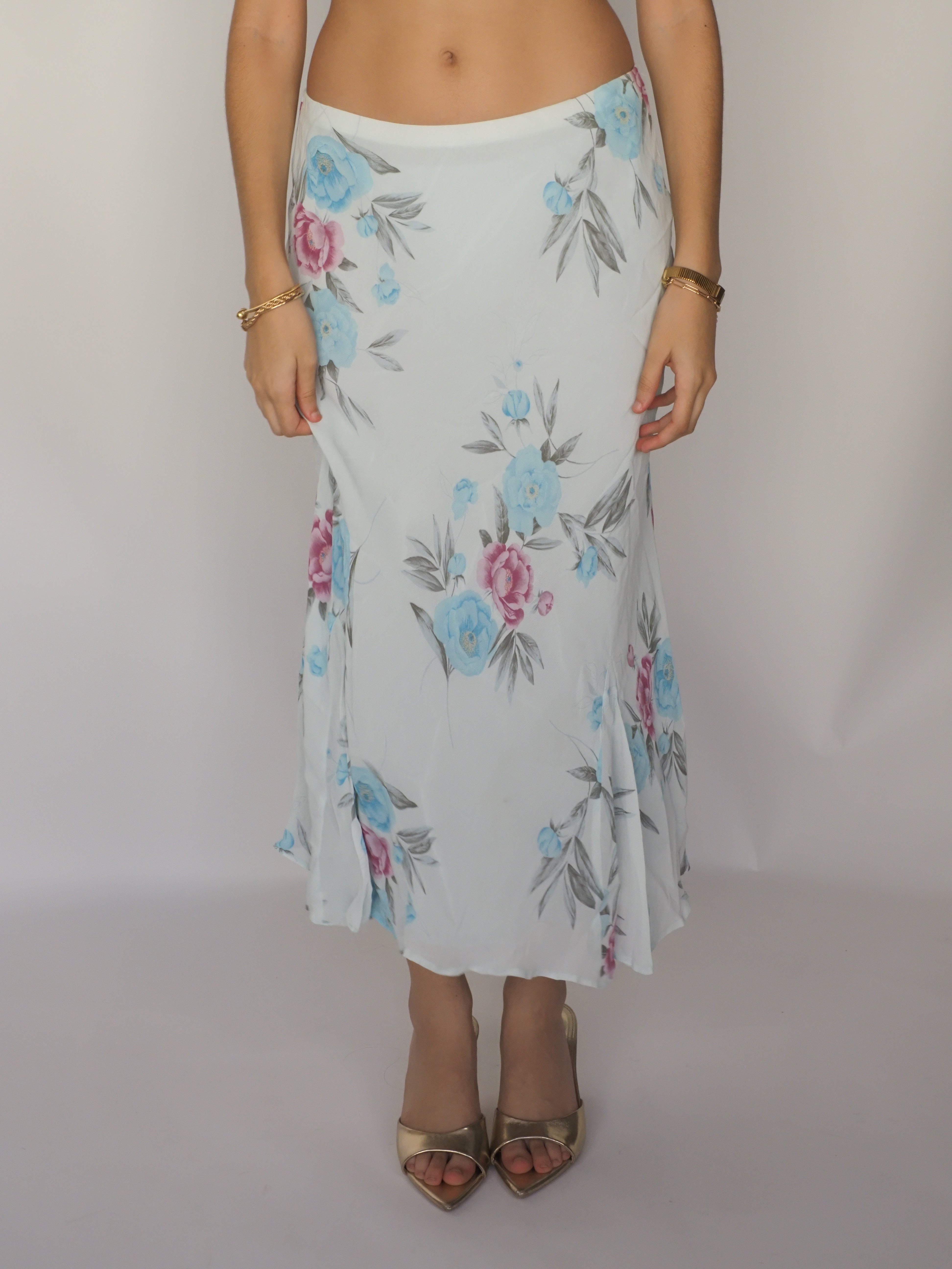 Soft Bloom Floral Bias-Cut Midi Skirt