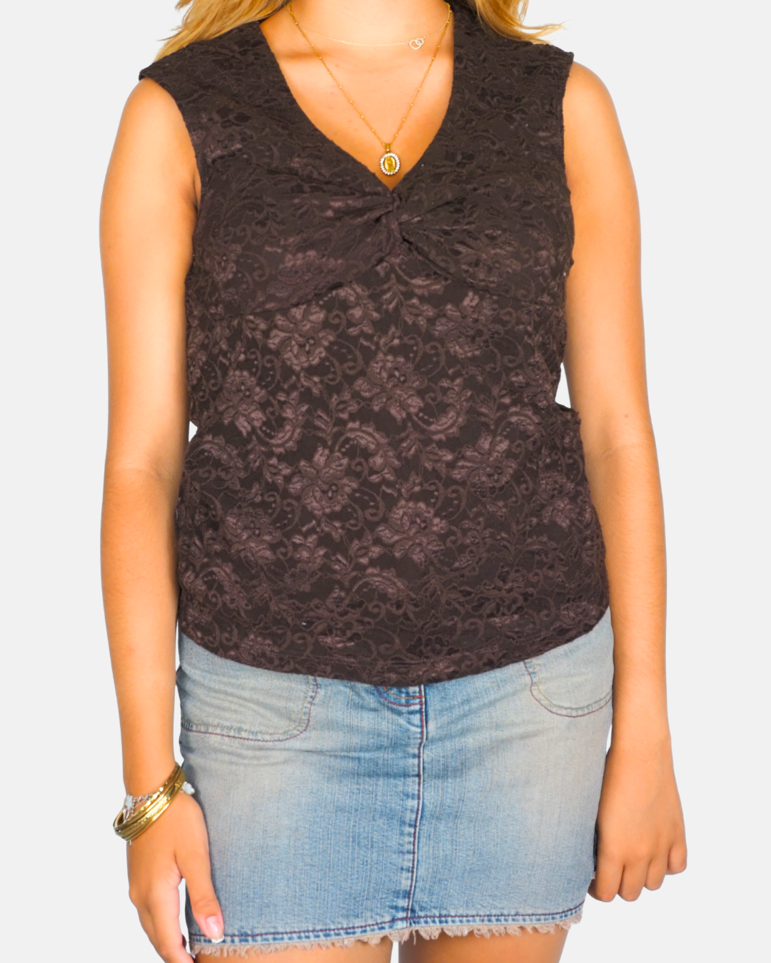 Chocolate Brown Lace Y2K Sleeveless Top by Rampage