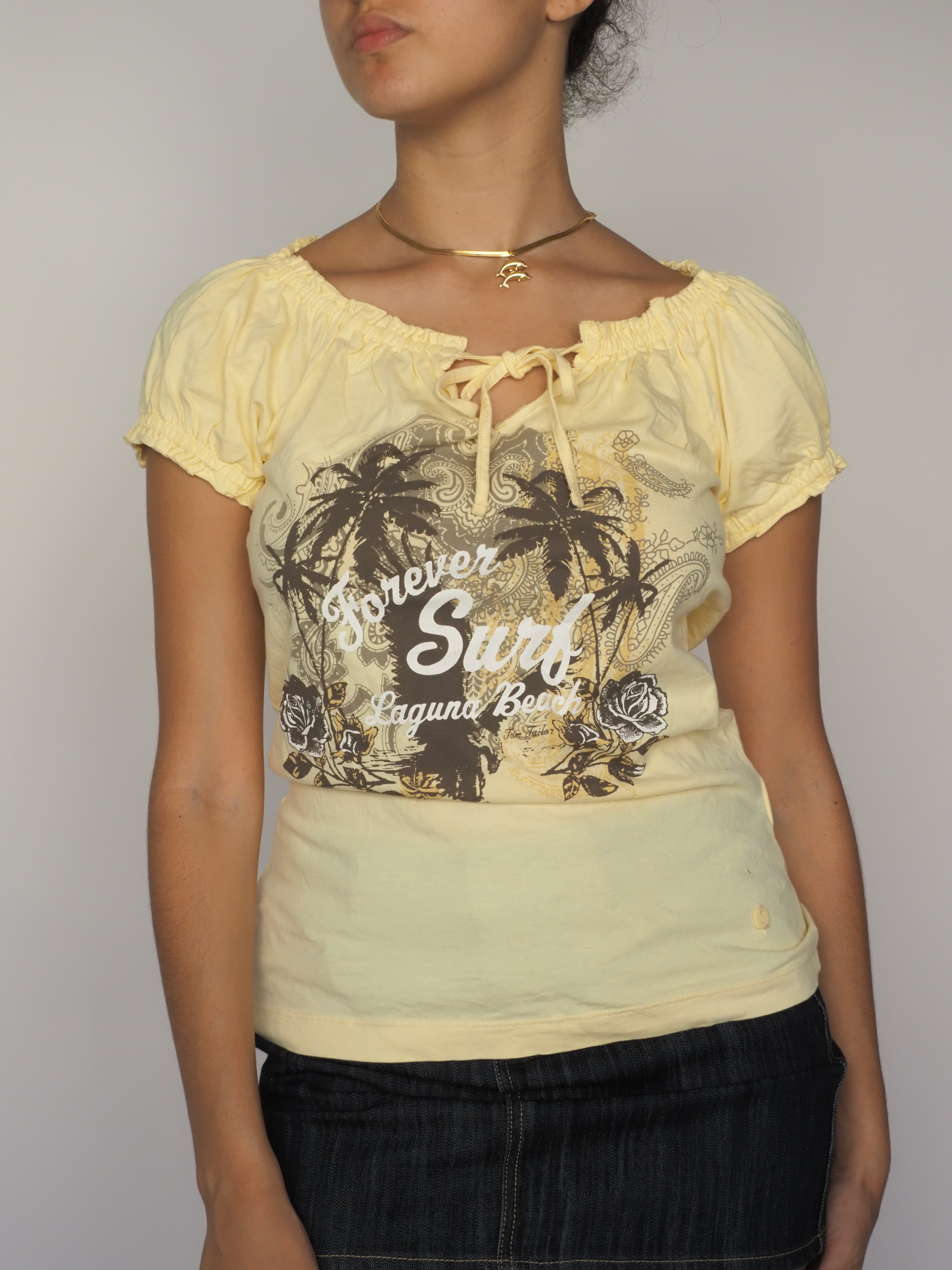Yellow “Forever Surf Laguna Beach” Graphic Peasant Top – Tom Tailor