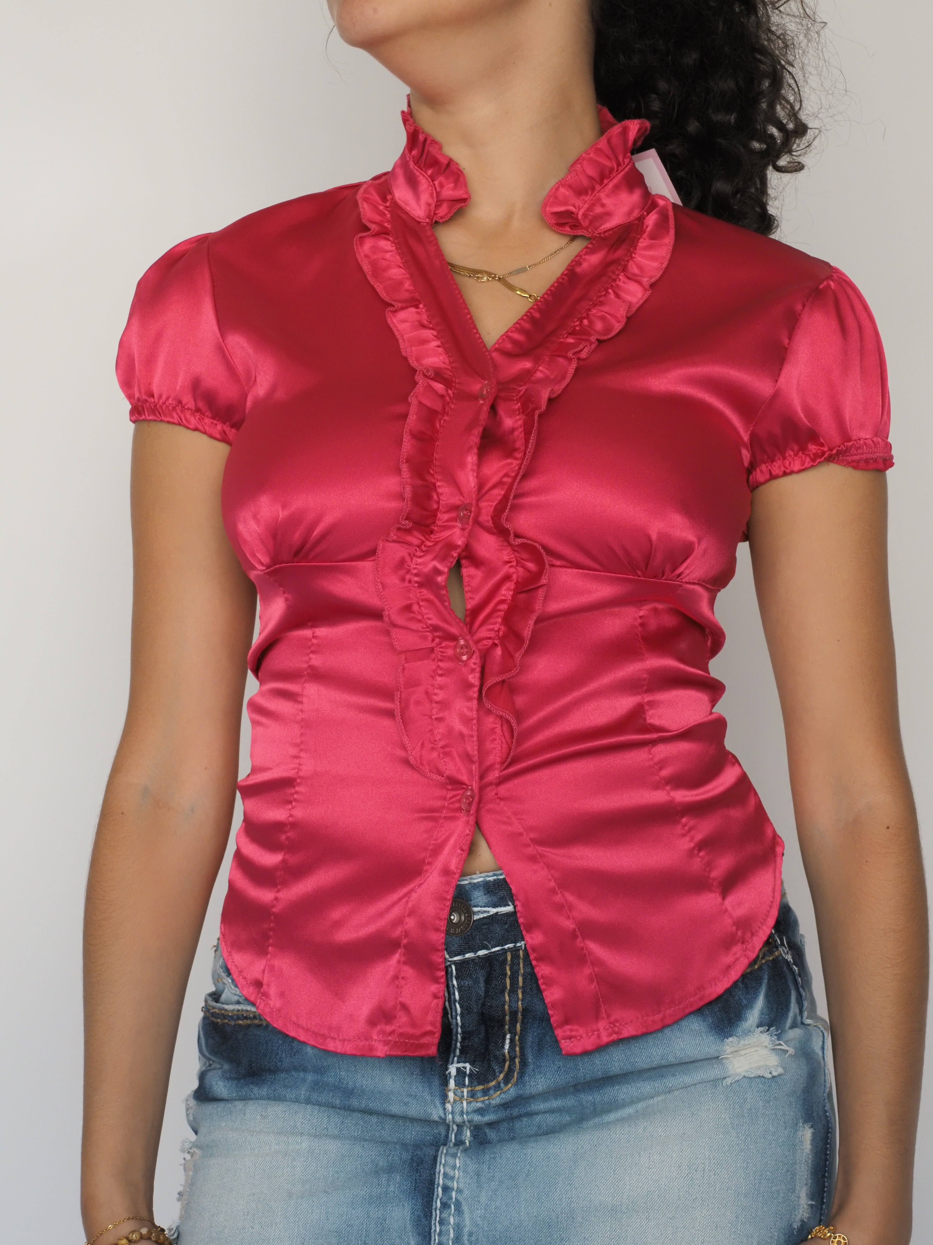 Hot Pink Satin Ruffle Front Blouse