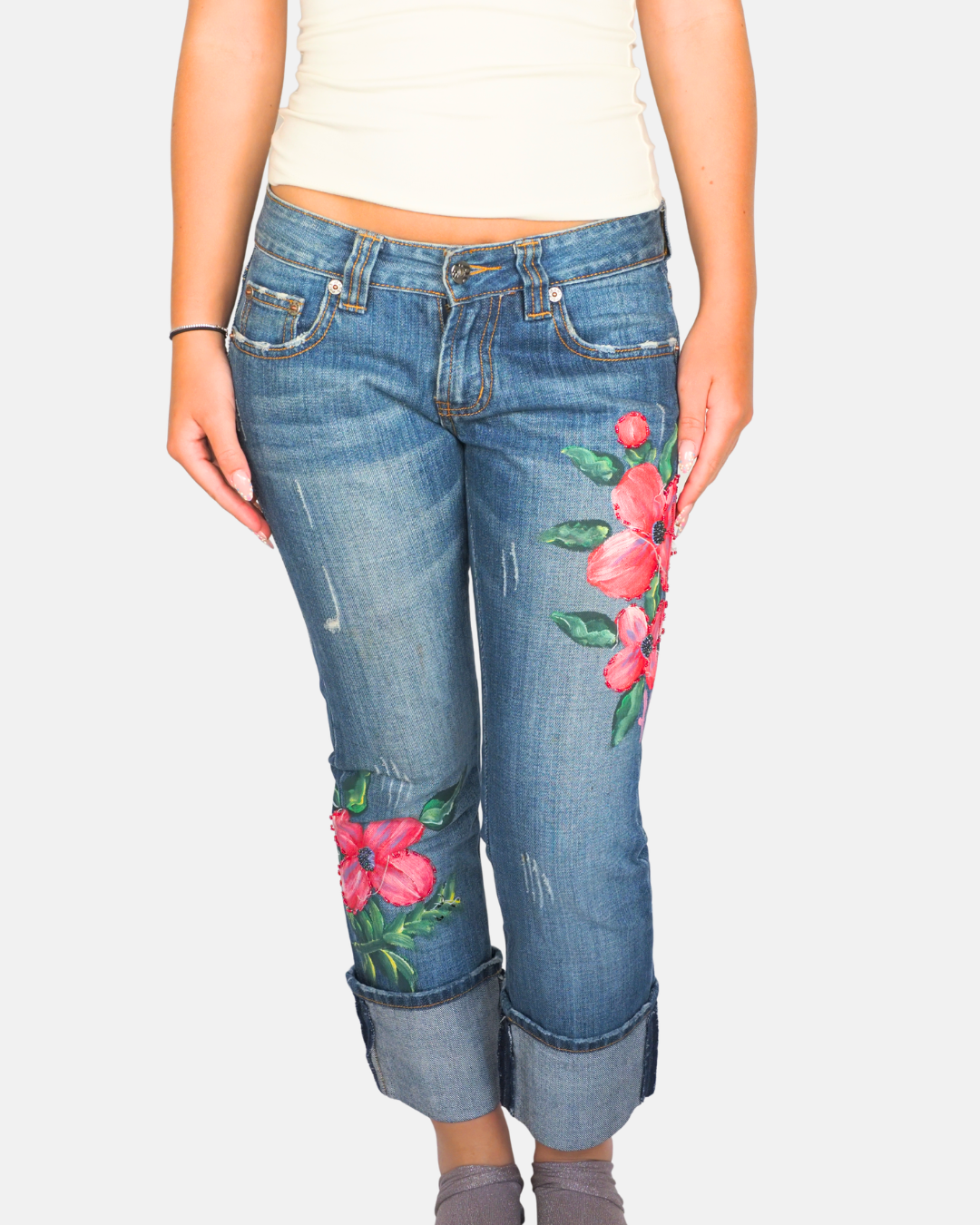 Floral Embroidered Y2K Capri Jeans by Pois