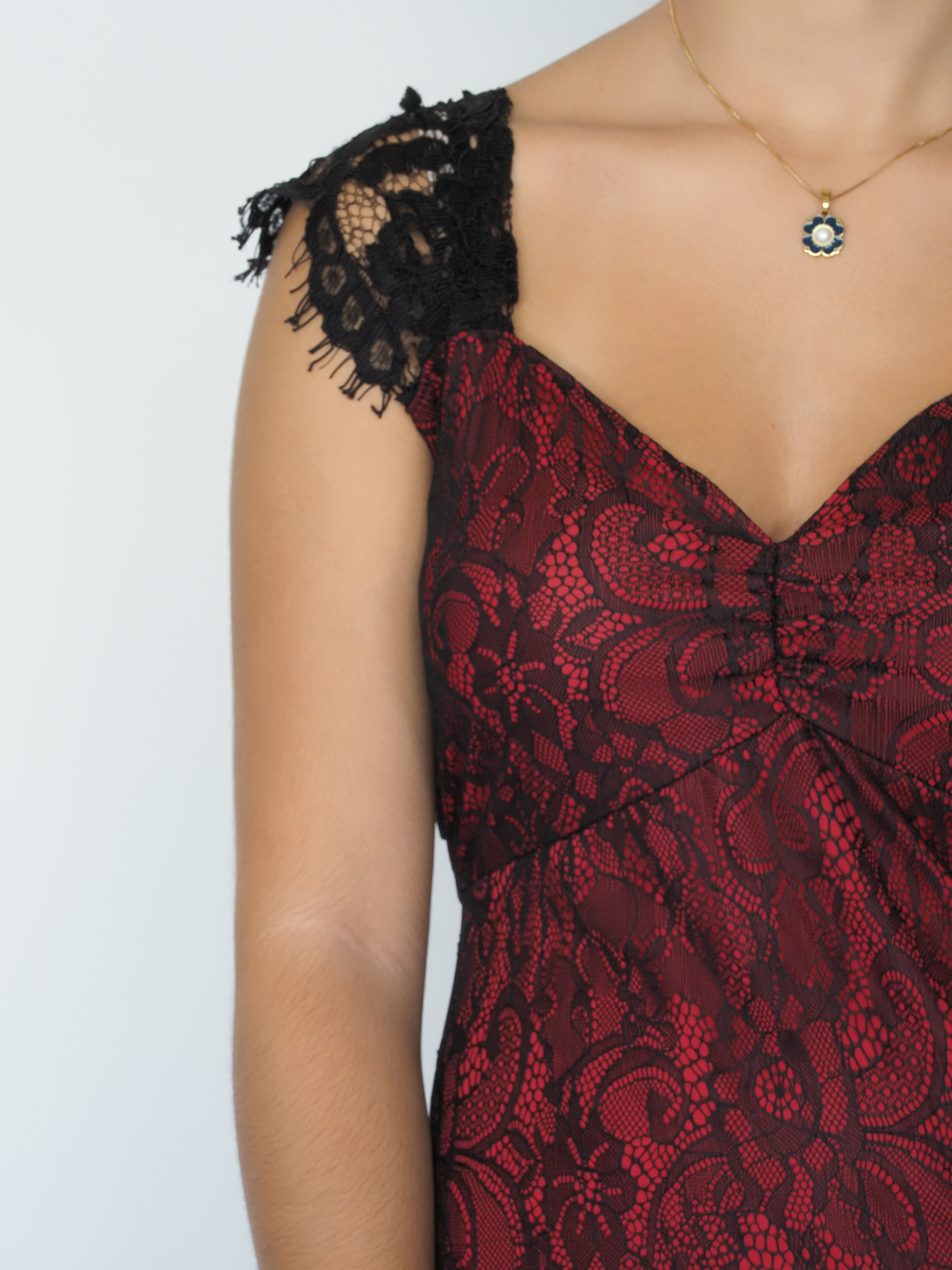Sleeveless Red & Black Lace Midi Dress