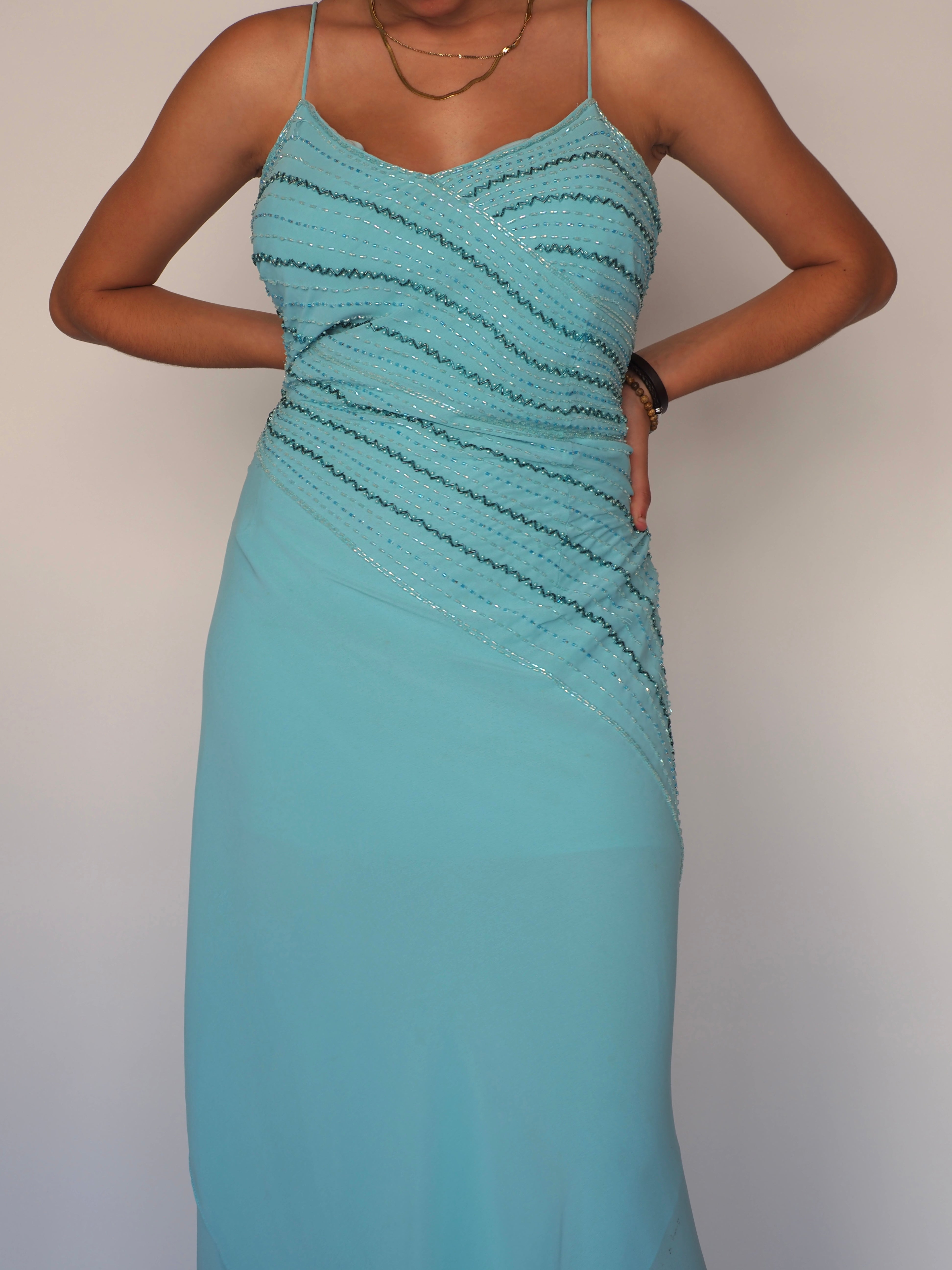 Aqua Blue Beaded Evening Gown with Asymmetrical Detail