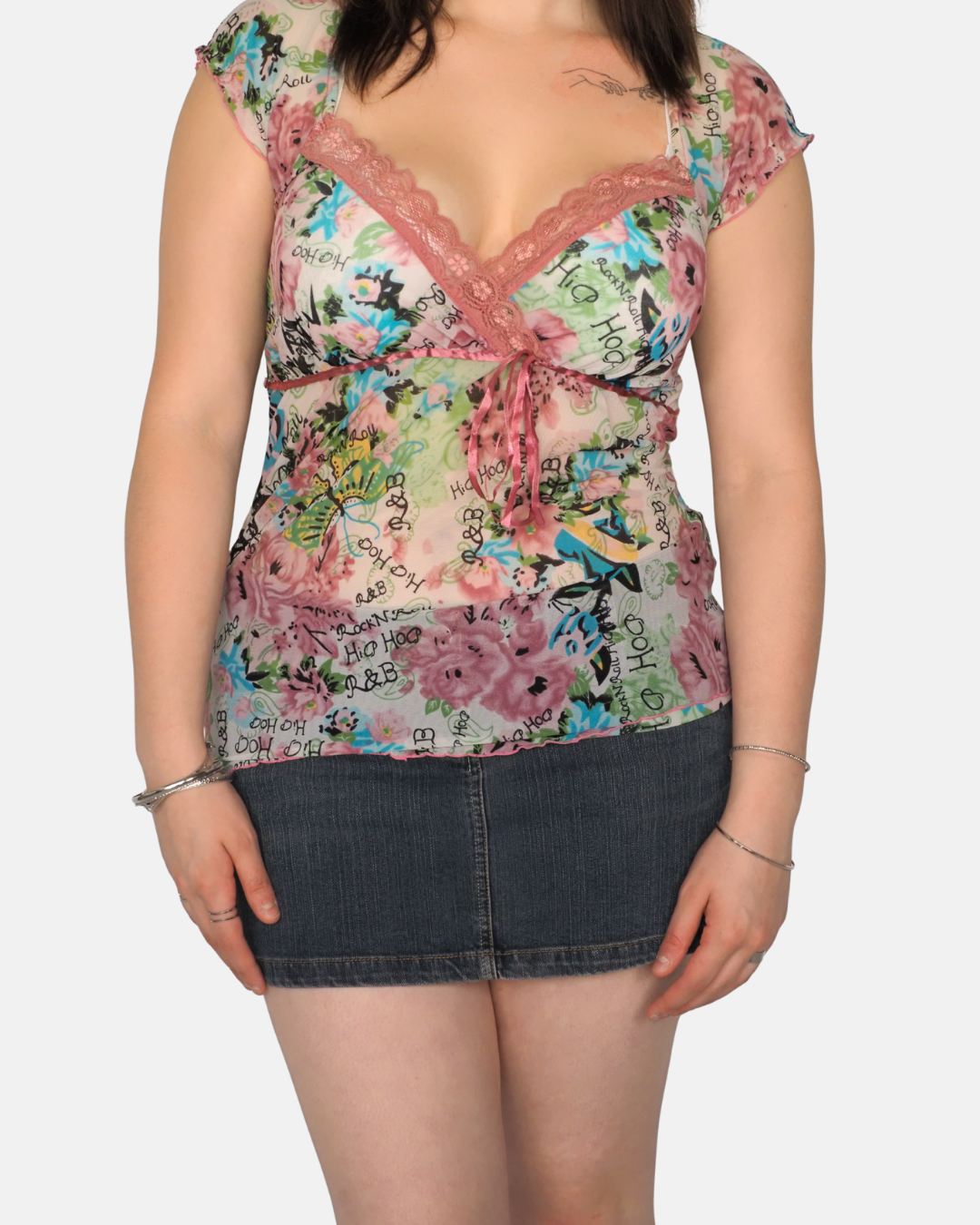 Vintage Floral Lace Trim Y2K Mesh Top
