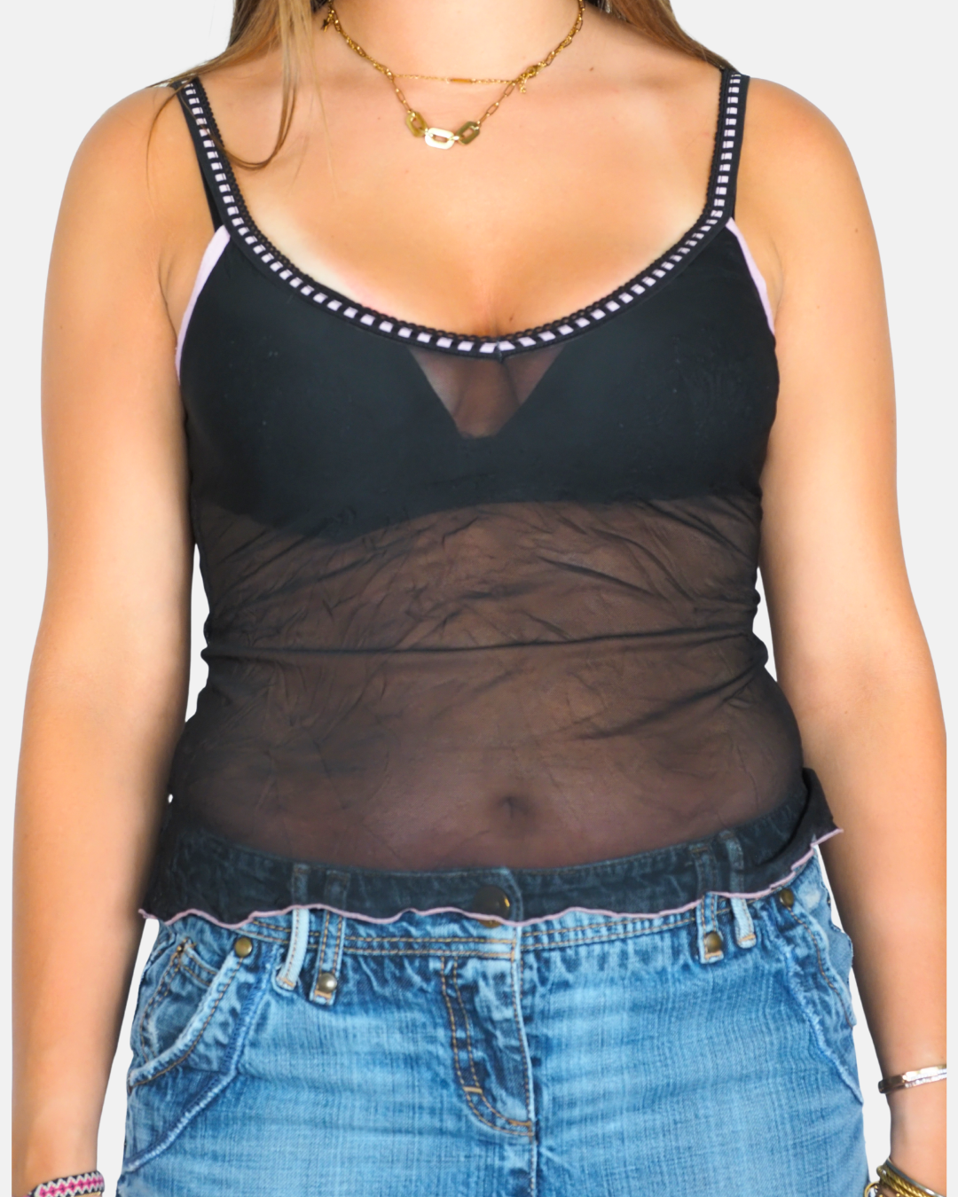 Sheer Mesh Cami Top with Pink Trim