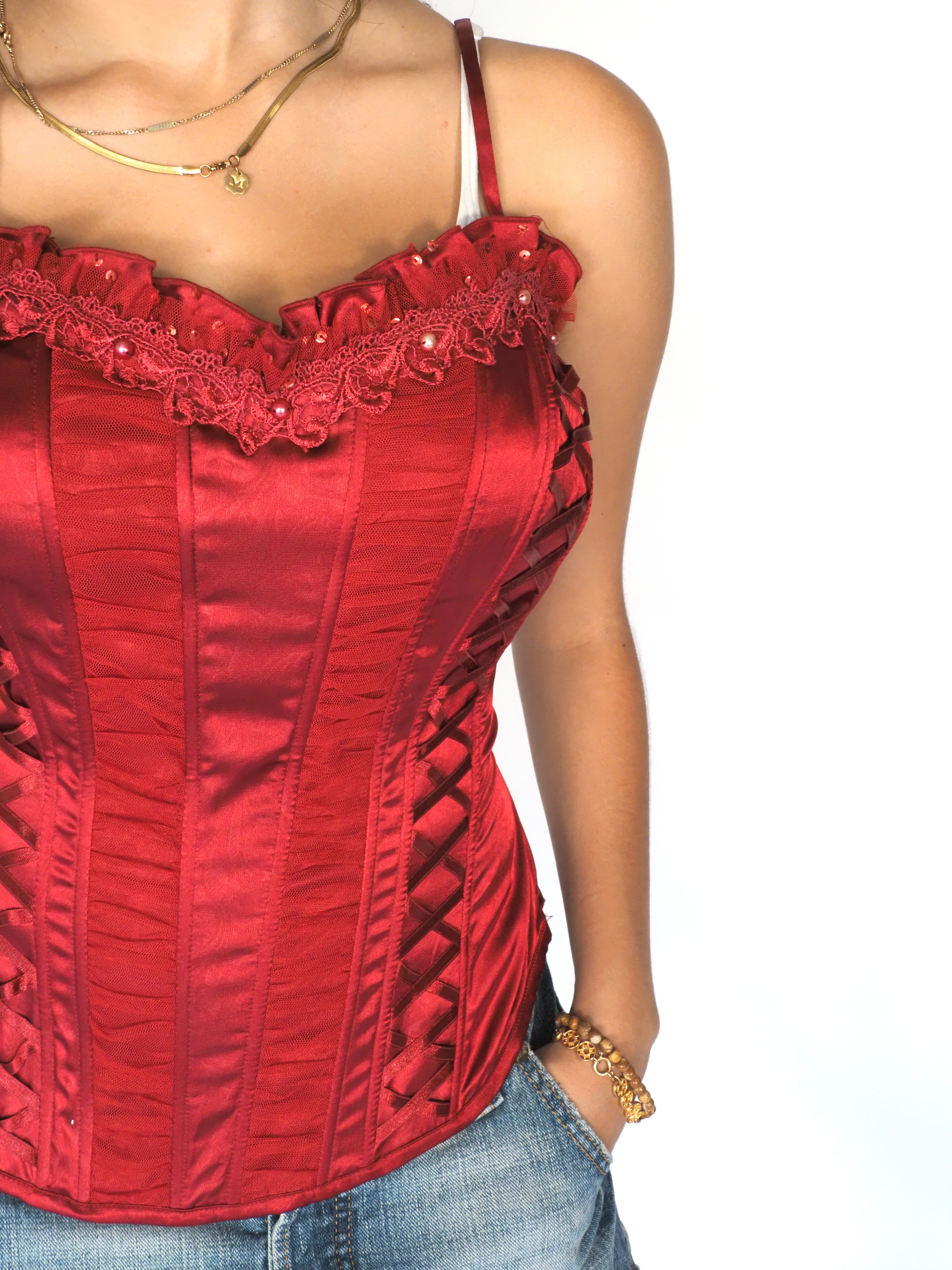 Lovie Red Satin Lace-Trim Corset Top