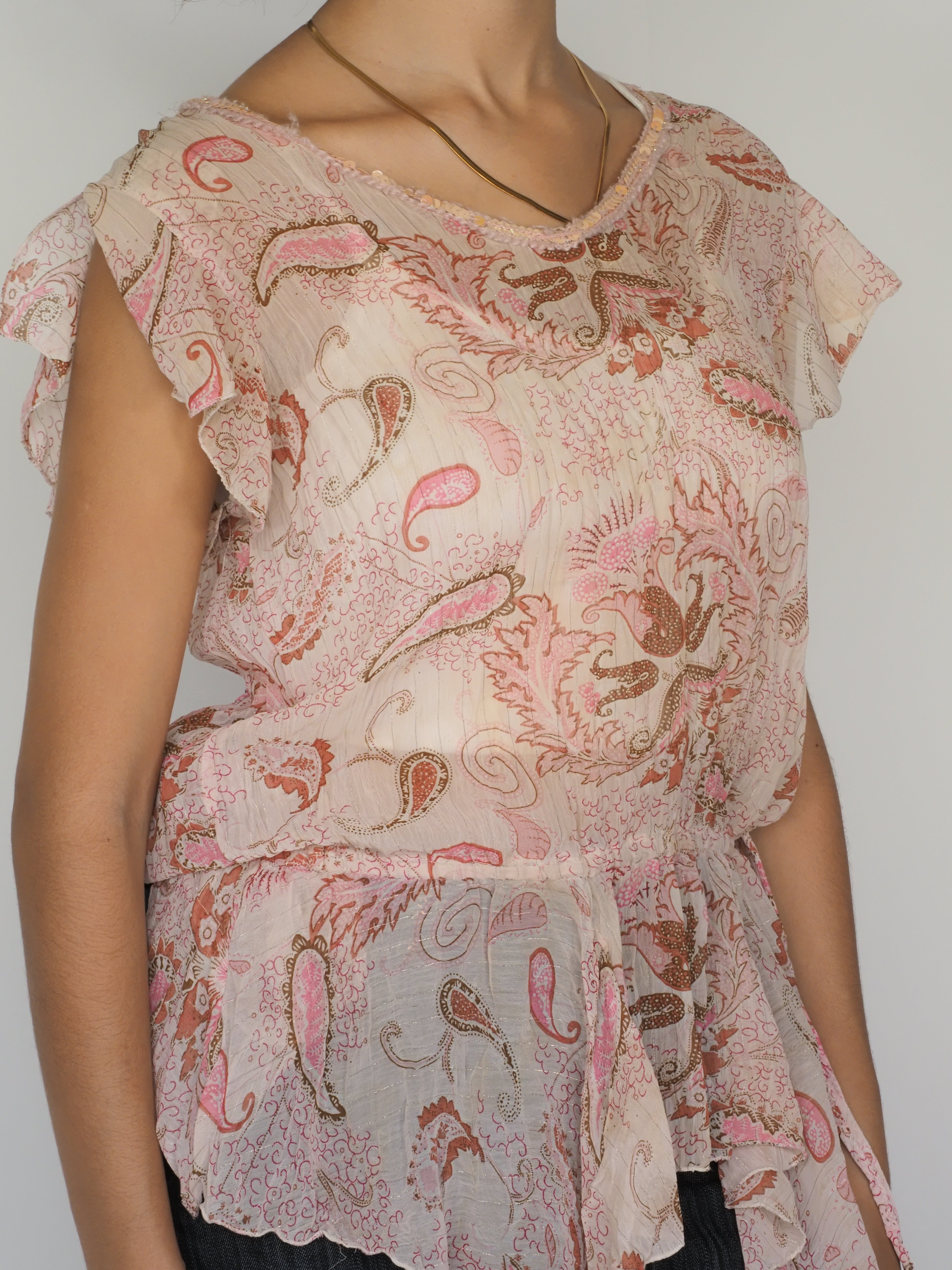 Sheer Paisley Flutter-Sleeve Blouse in Blush & Bronze