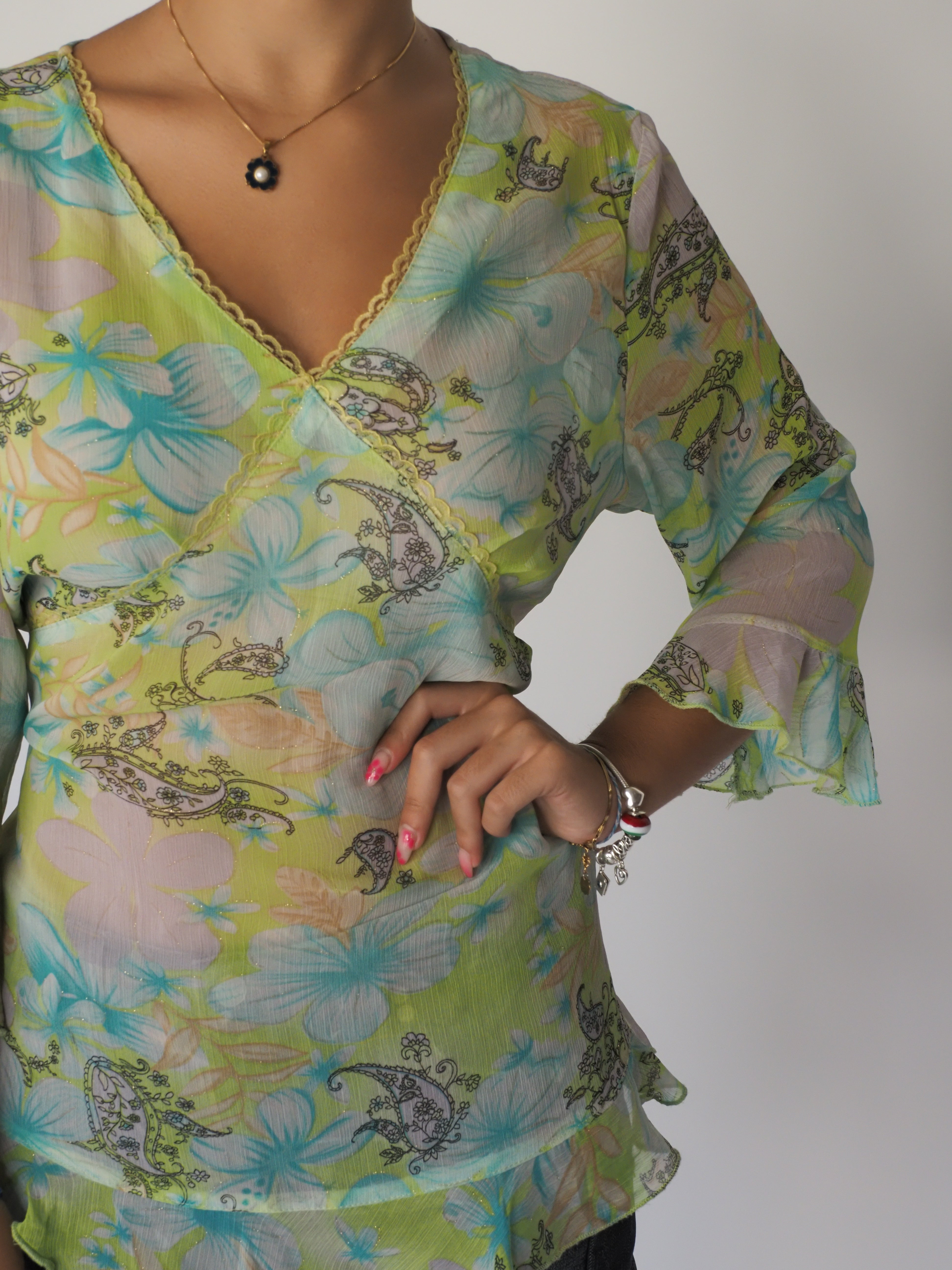 Sheer Lime Green 2000s Floral Mesh Top with Ruffle Trim