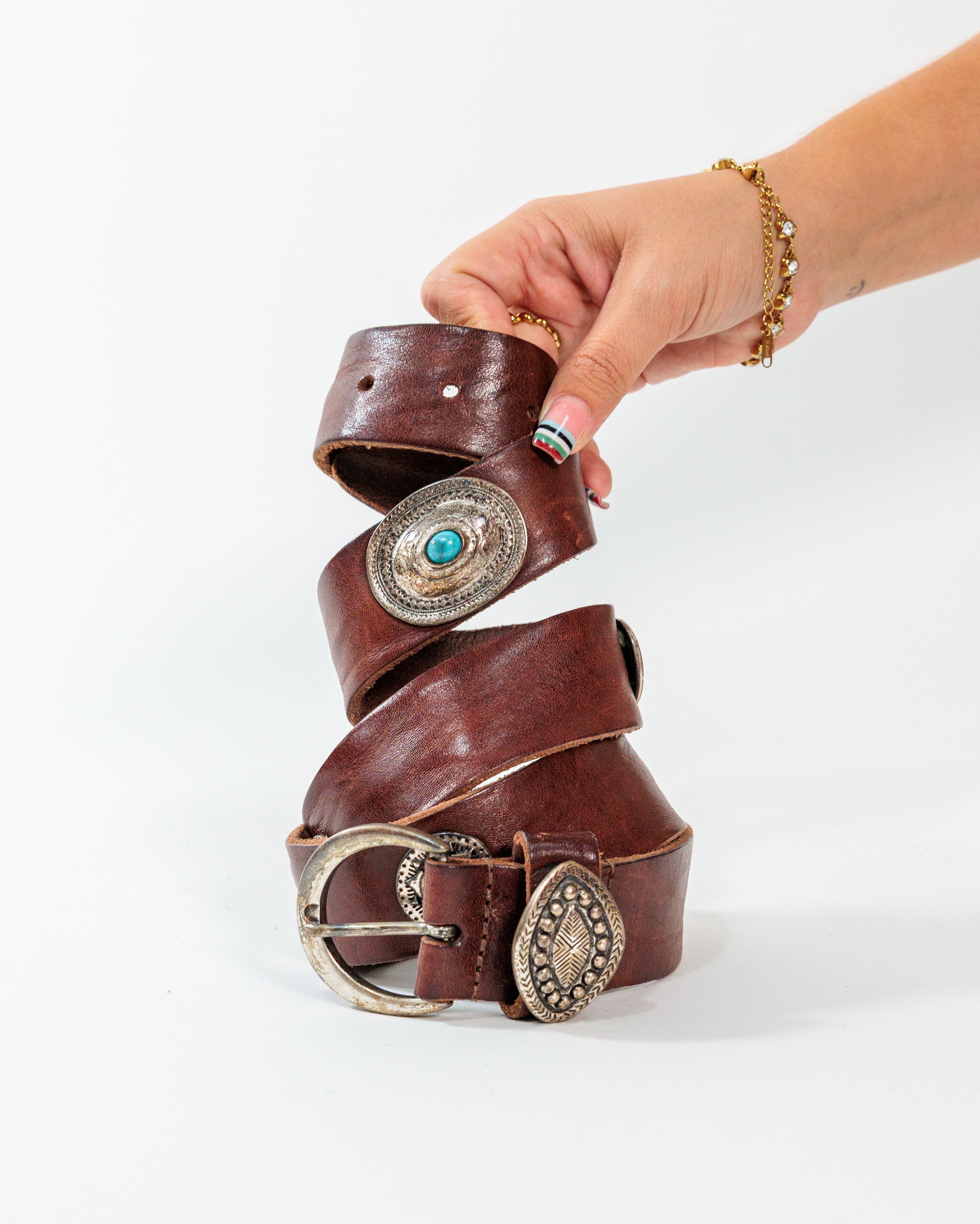 Brown Turquoise Medallion Leather Belt